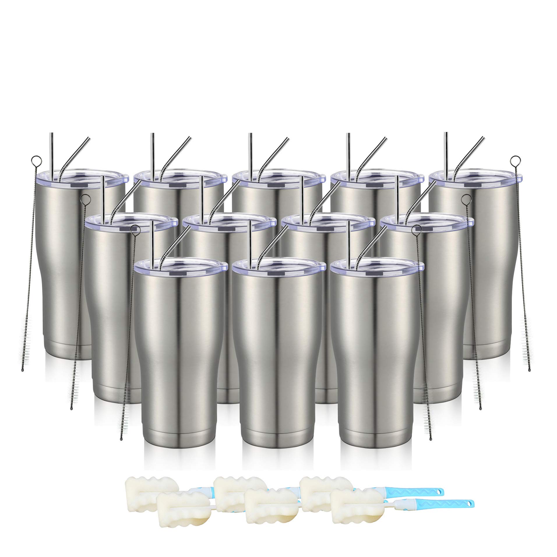 MEWAY 20oz Stainless Steel Tumblers 12 Pack Bulk - Vacuum Insulated Coffee Cups with Lids, Double Wall Powder Coated Travel Mugs - Keeps Drinks Hot & Cold for 12+ Hours - Perfect for Office, Camping, Gym & Outdoor Activities (Silver, Set of 12)