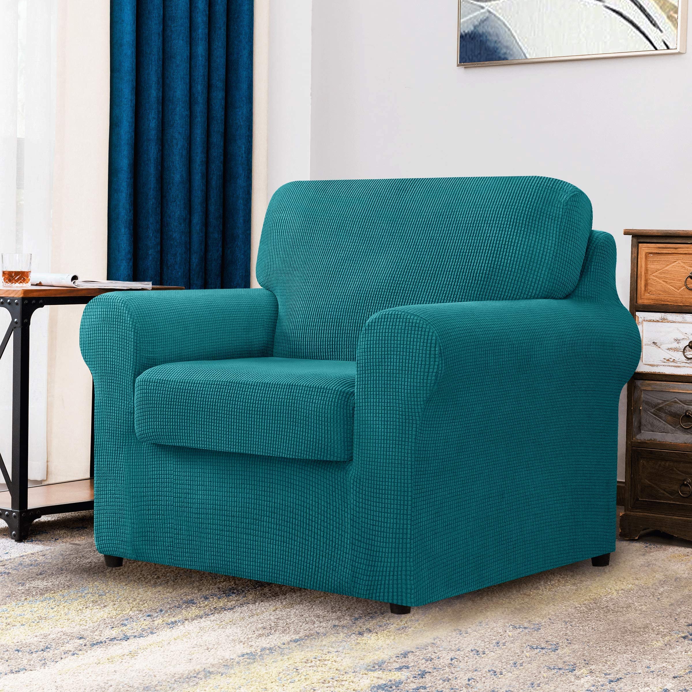 CHUN YI 2-Piece Armchair Sofa Slipcover Set - Large Stretchable Jacquard Couch Cover with Detachable Backrest & Cushion Covers, Teal Checkered Design | Perfect for Living Room Furniture Protection & Home Decor Upgrade