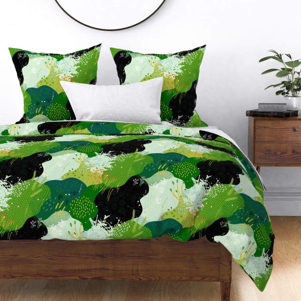 Premium Cotton Sateen Duvet Cover King/California King - Modern Abstract Garden Greens & Forest Print Custom Bedding | Eco-Friendly Luxury Bedroom Decor for Contemporary Homes