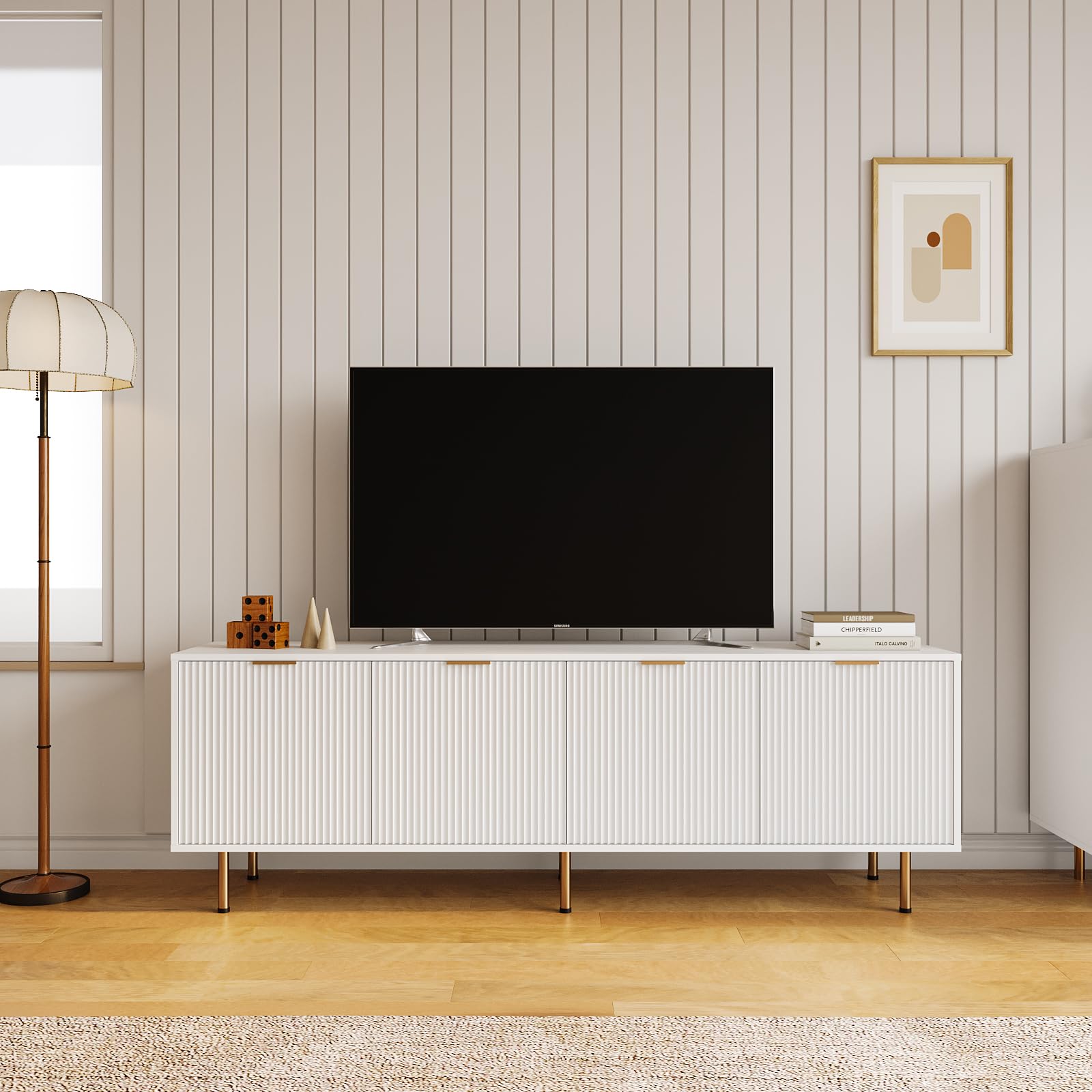 Mid Century Modern TV Stand for 80 Inch TV - Entertainment Center with 4 Large Drawers, Living Room TV Console with Storage - White - Perfect for Bedroom, Home Theater & Family Room Media Organization