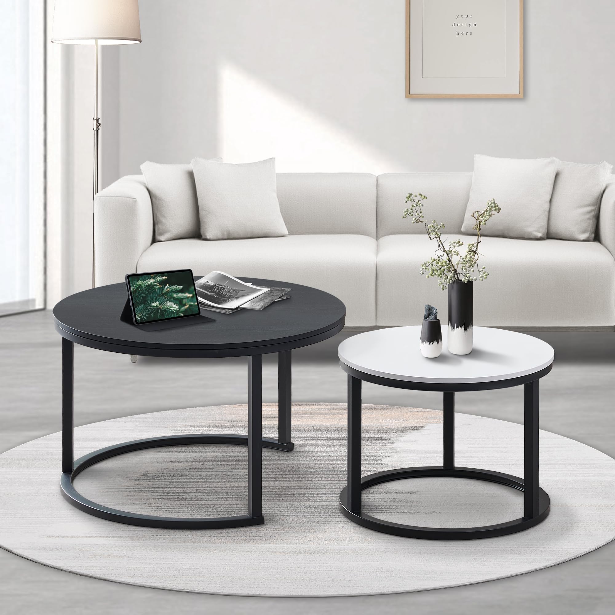27.5 Inch Round Wood Coffee Tables Set of 2 - Modern Black and White Side Tables with Drawers for Small Spaces, Living Room, Bedroom & Office - Perfect for Coffee, Books & Decor