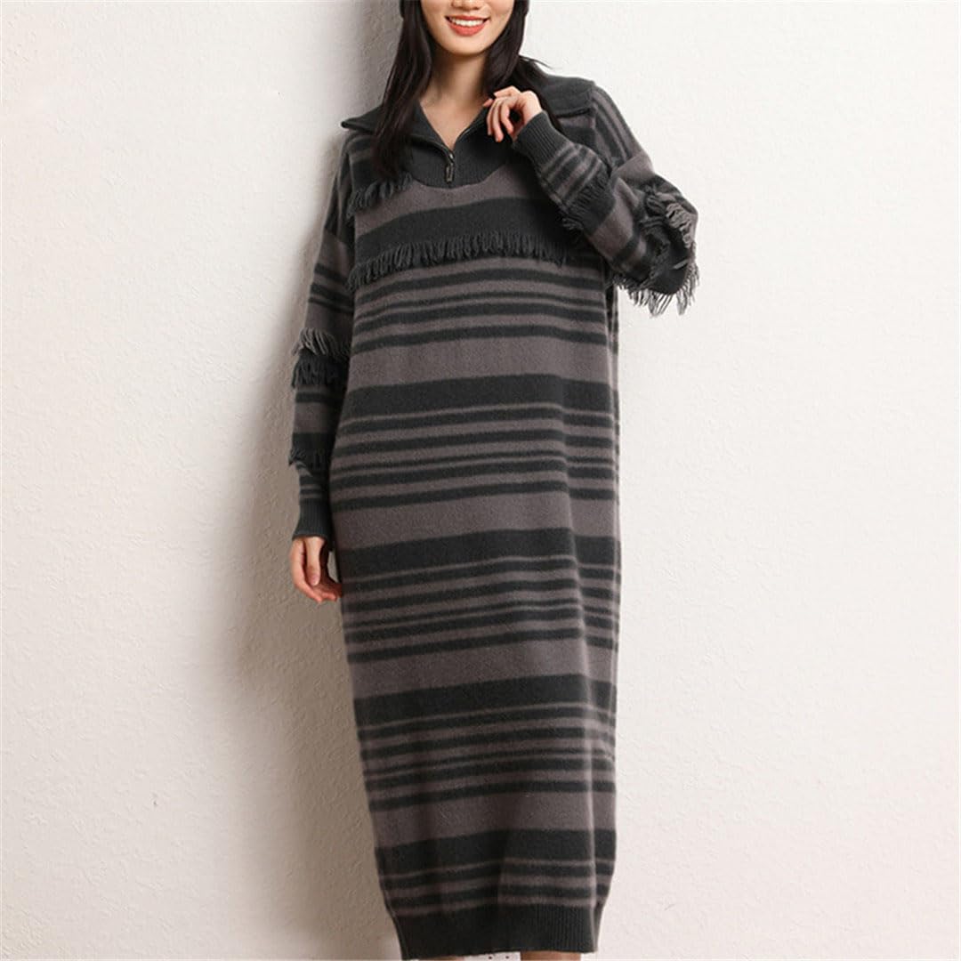 Women's Cashmere Sweater & Long Skirt Set - Striped Knit Dress for Autumn Winter - Plus Size Loose Fit Cozy Outfit for Casual Wear, Office & Date Nights
