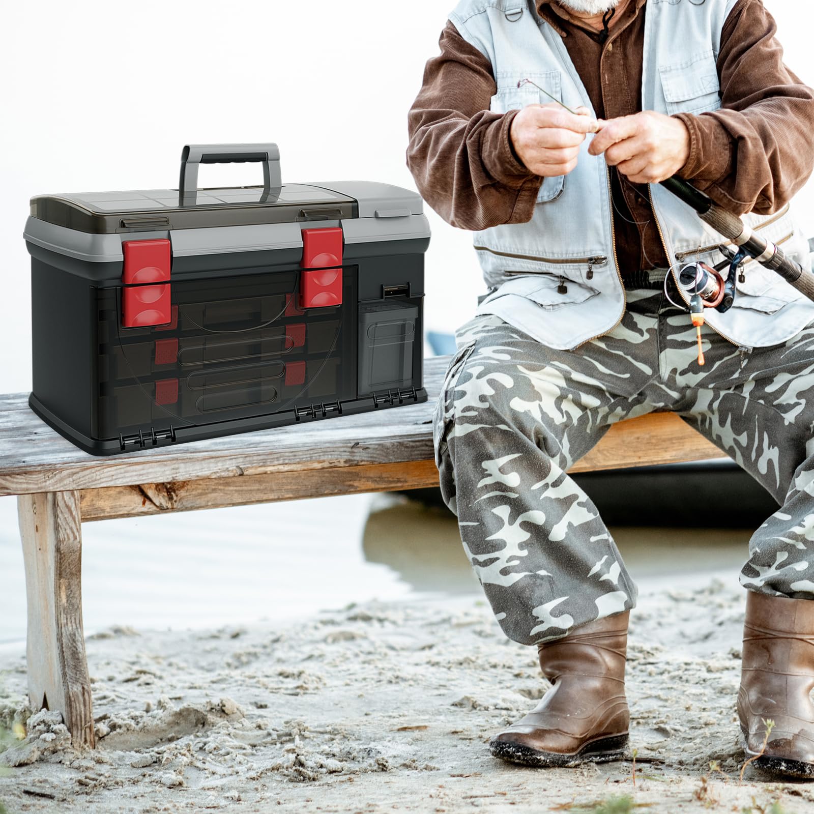 Goplus Large Fishing Tackle Box - Portable Waterproof Storage Organizer with 3 Adjustable Compartments, Side Storage & Double-Layer Top Compartment - Perfect for Fishing Gear, Camping Tools & Outdoor Equipment Organization