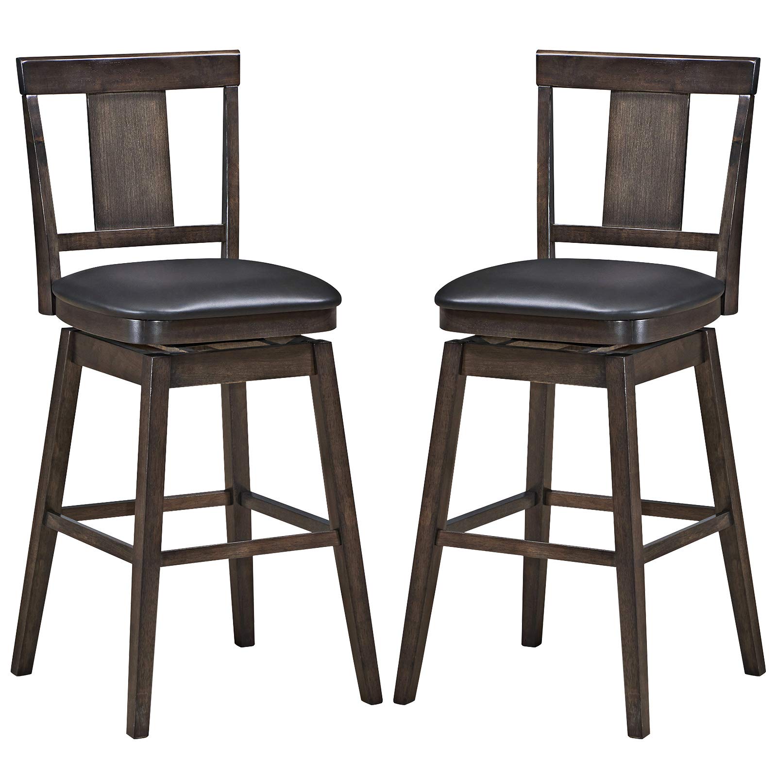 COSTWAY 2-Pack Swivel Bar Stools with 360-Degree Rotation, Wooden Bar Height Stools with Leather Padded Seat, Solid Rubber Wood Legs & Single Slat Back - Perfect for Kitchen Island, Dining Room & Home Bar Decor (Set of 2, 29-inch Height)