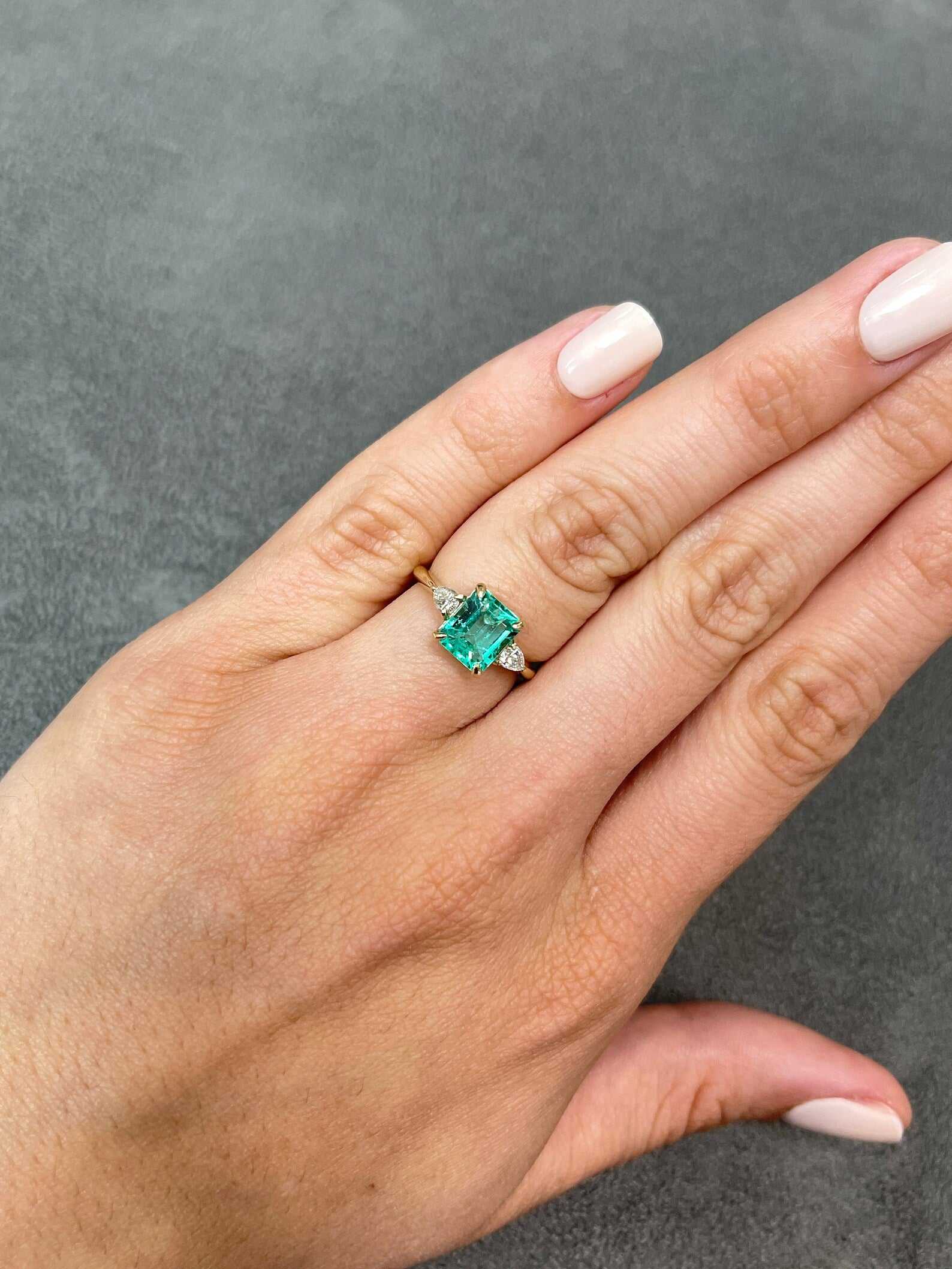 2.11tcw 14K Gold Three Stone Asscher Cut Emerald & Pear Diamond Engagement Ring for Women - Perfect for Proposals, Anniversaries & Bridal Jewelry