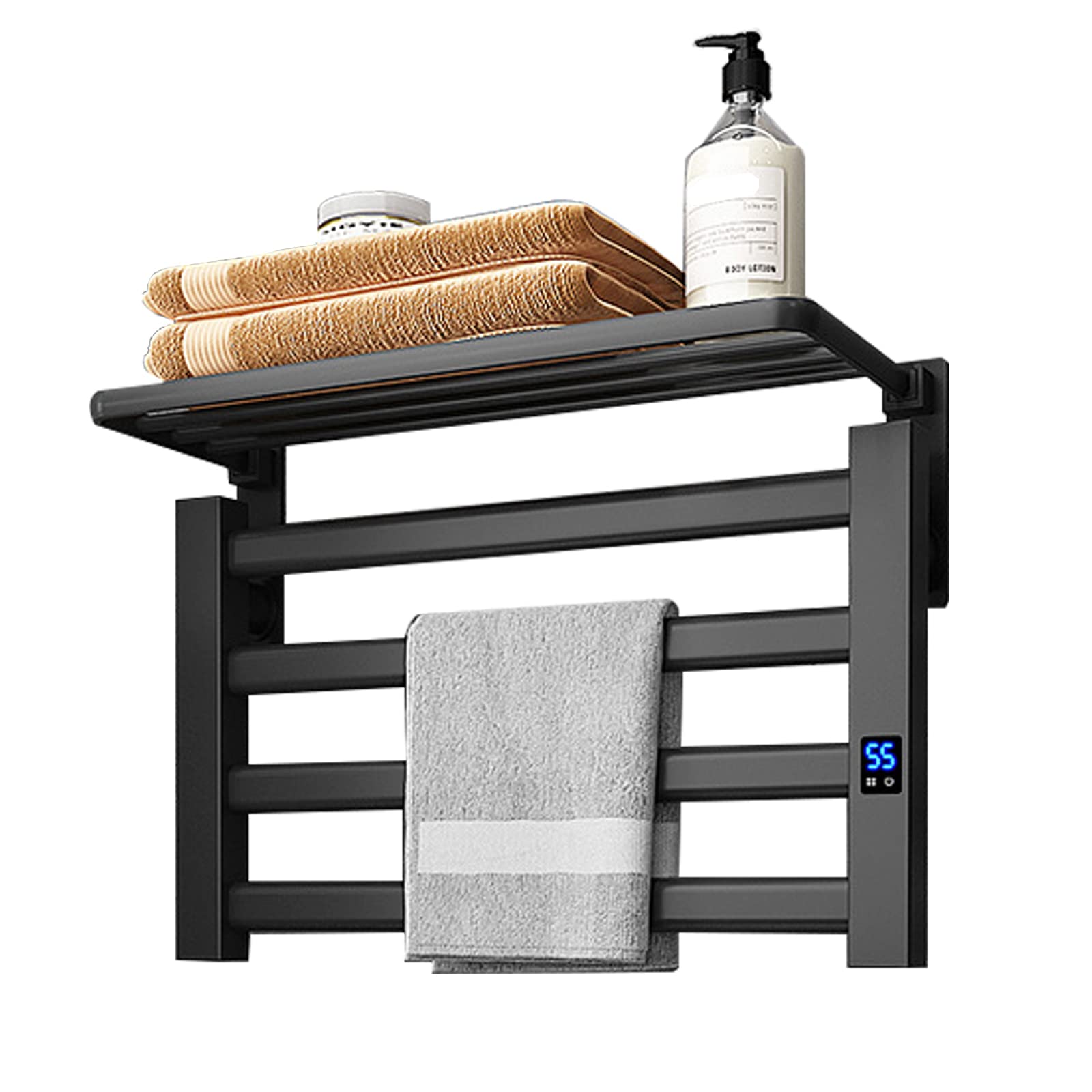 80W Electric Heated Towel Warmer Rack - Wall Mounted Aluminum Alloy Bathroom Towel Heater with Timer & Storage Shelf - Plug-in Black - Perfect for Spa, Luxury Bathrooms & Cold Weather Comfort