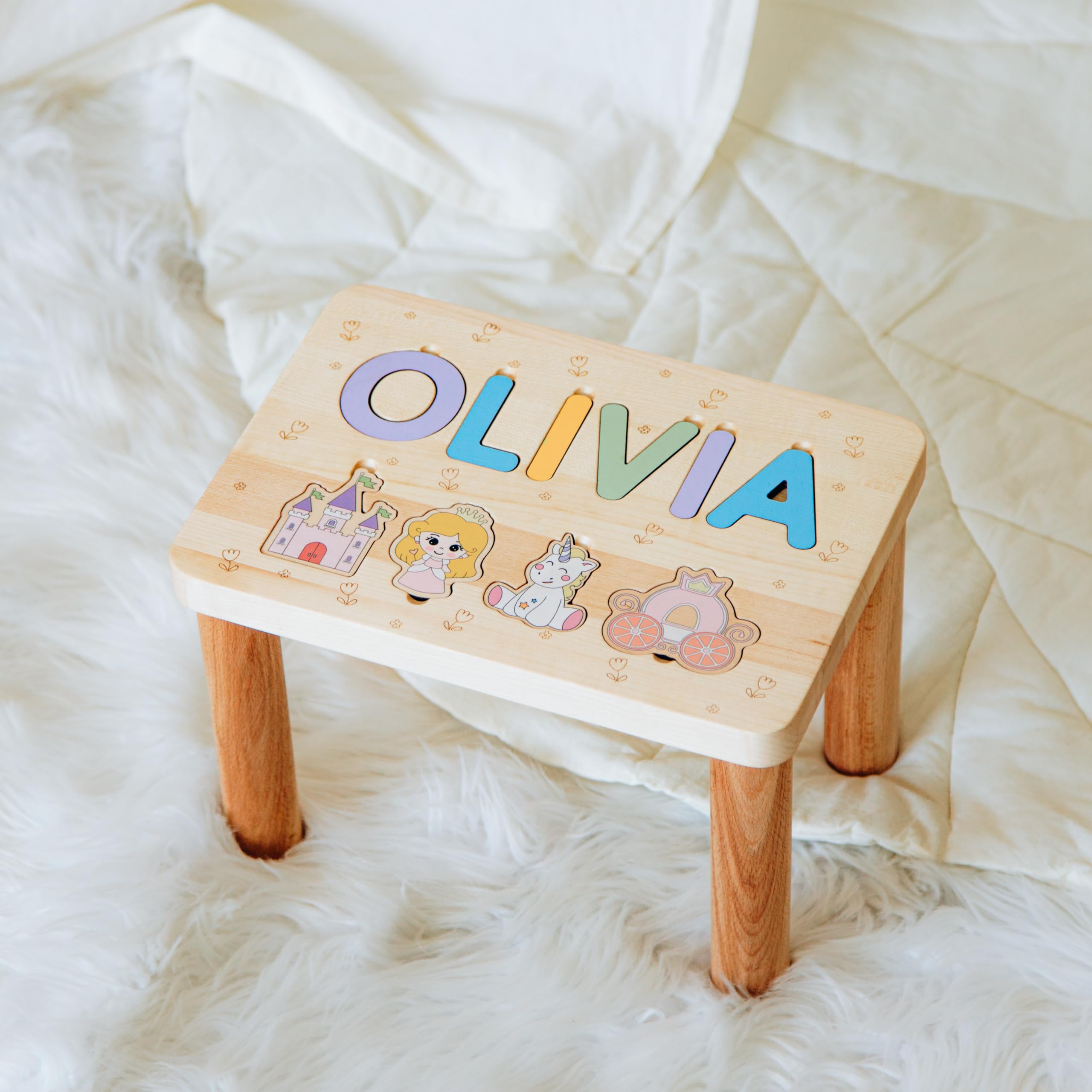 Personalized Wooden Name Puzzle Stool for Toddlers - Custom Step Stool for 1 2 3 Year Olds - Unique Baby Girl Birthday Gift & Baptism Present - Montessori Learning Chair for Bathroom, Bedroom & Playroom