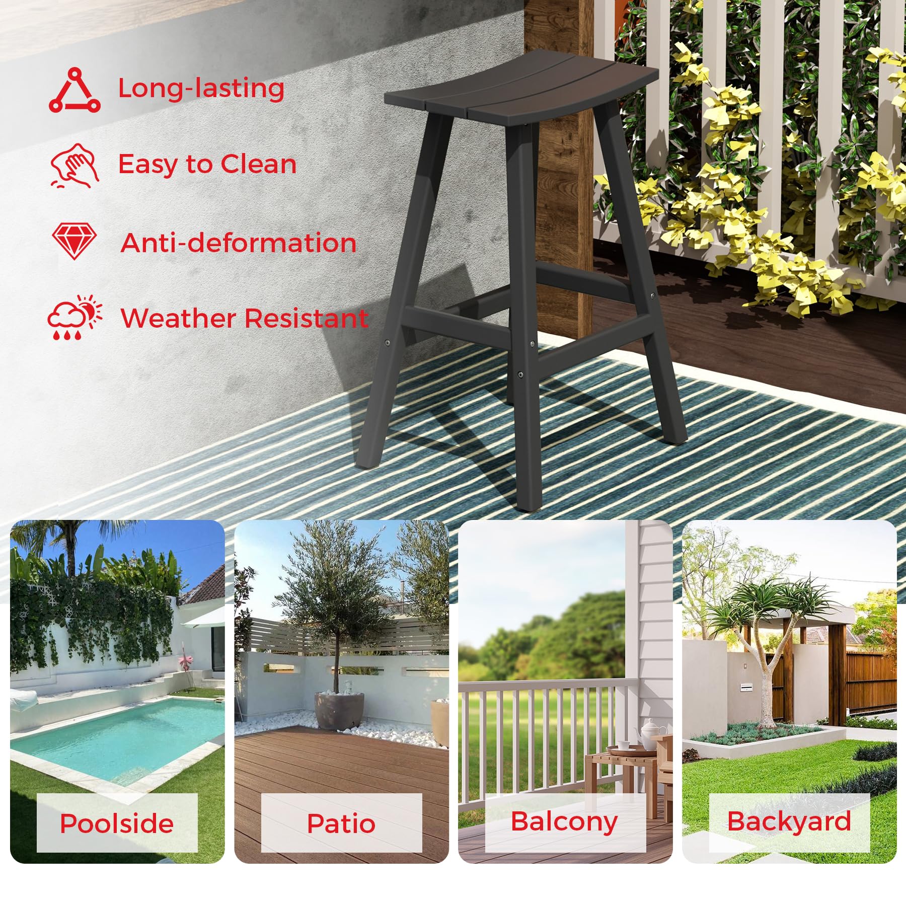 All-Weather Outdoor Bar Stools 29 Inch Height - Durable Poly Adirondack Patio Bar Chairs for Deck, Garden, Kitchen Counter & Backyard - Gray - Perfect for Outdoor Dining, Poolside Lounging & Entertaining