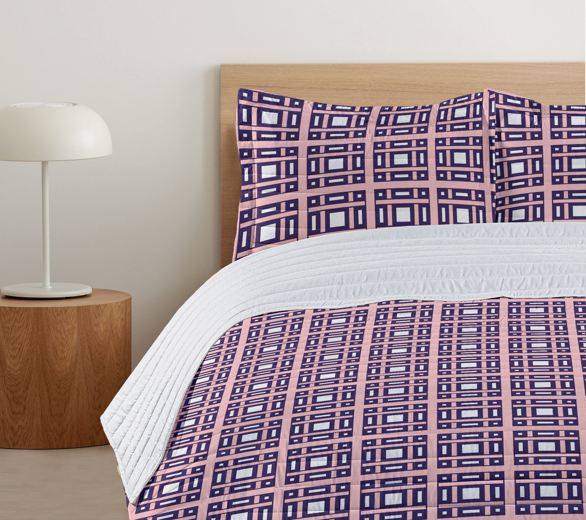 Ambesonne Geometric Microfiber Bedspread Set - Queen Size with Symmetrical Square & Rectangle Pattern in Dark Purple Blush White | Soft Bedding Set Includes Comforter & Pillow Shams | Perfect for Modern Bedroom Decor & Guest Room Styling