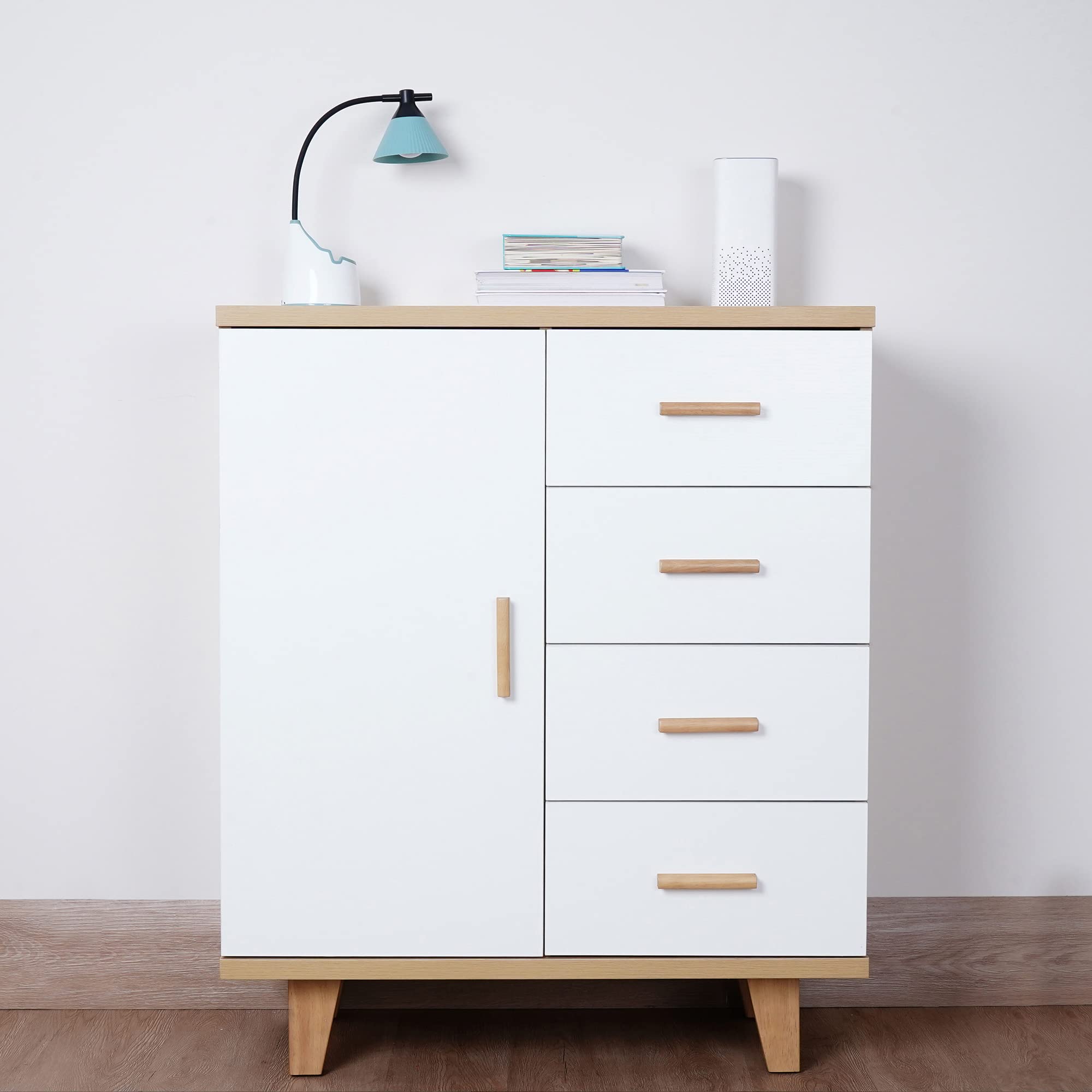 Wood Dresser with 4 Drawers & Door - Bedroom Storage Cabinet for Closet & Living Room
