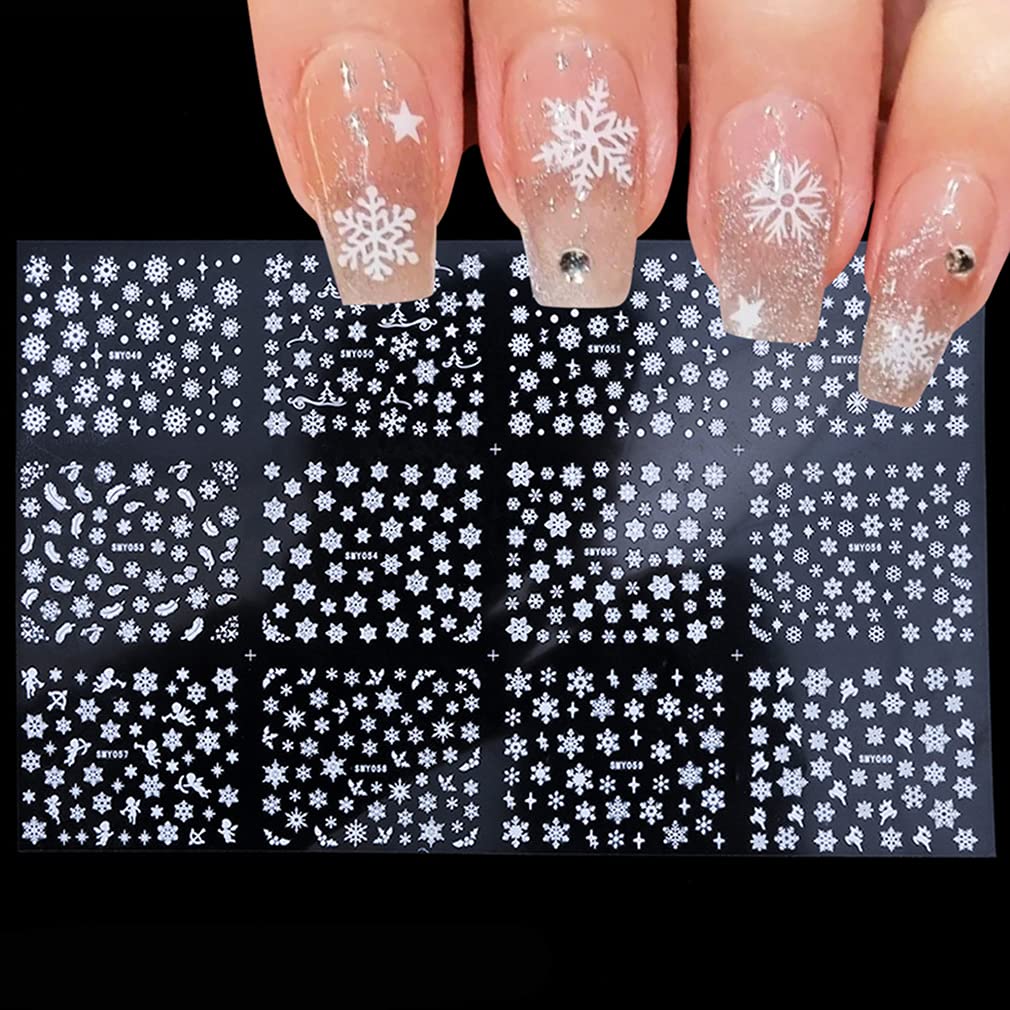 12 Sheets Snowflake Nail Art Stickers - 3D Self-Adhesive Christmas Nail Decals for Women & Girls - Winter Holiday Nail Designs - Perfect for Christmas Parties, Festive Nail Decorations, and Seasonal Manicures (White)