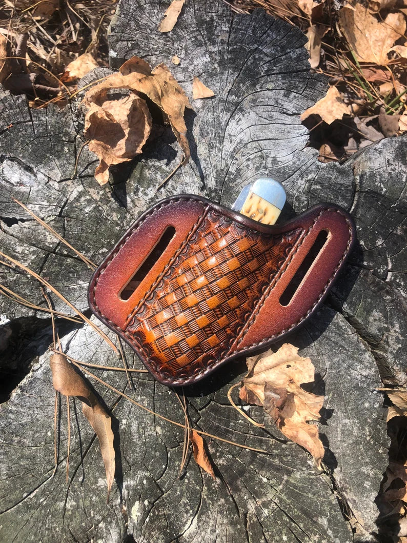 Handmade Leather Pancake Holster with Belt Loop - Basketweave Design for Concealed Carry & Outdoor Activities