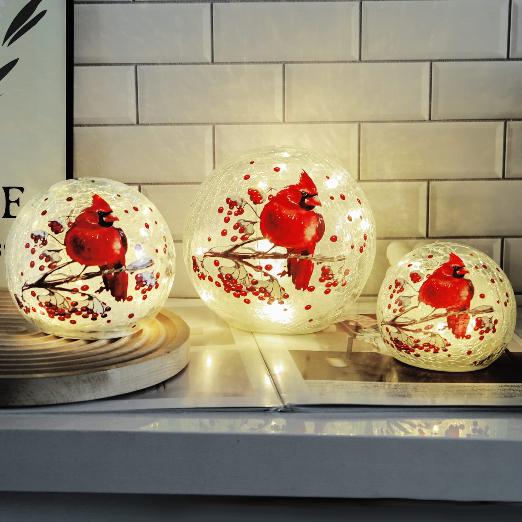 Kaowod Crackle Glass Ball Cardinal Lamp - LED Red Cardinal Stained Glass Table Lamp with Lighted Bird Globe, Night Light & Desk Decor | Perfect for Home, Office, Bedroom & Holiday Decorations