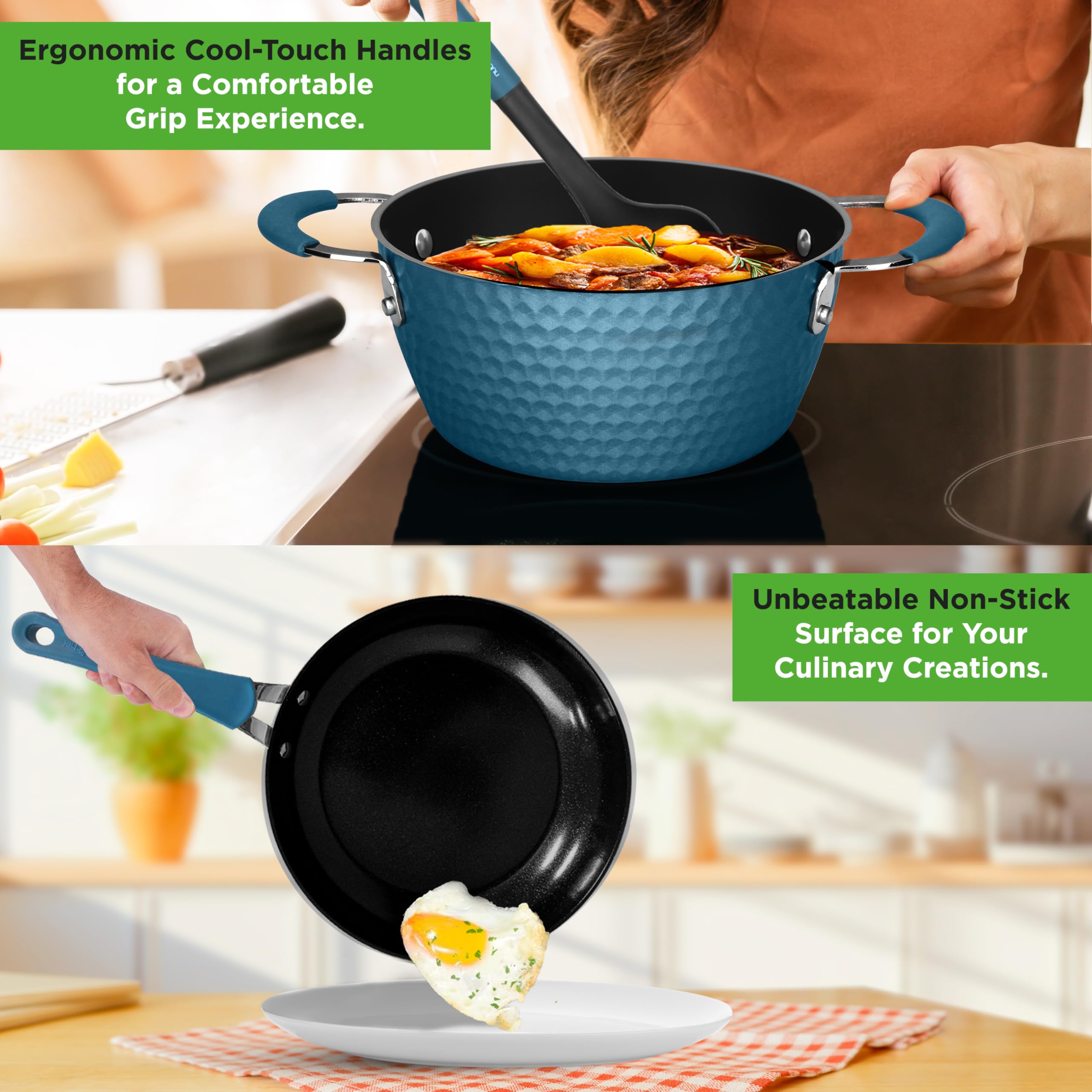 NutriChef 11-Piece Ceramic Nonstick Cookware Set - Blue Diamond Coating, Induction Compatible, Includes Saucepan, Frying Pans & Dutch Oven with Utensils, Dishwasher Safe - Perfect for Healthy Cooking, Family Meals & Professional Kitchens - NCCW11BD.7