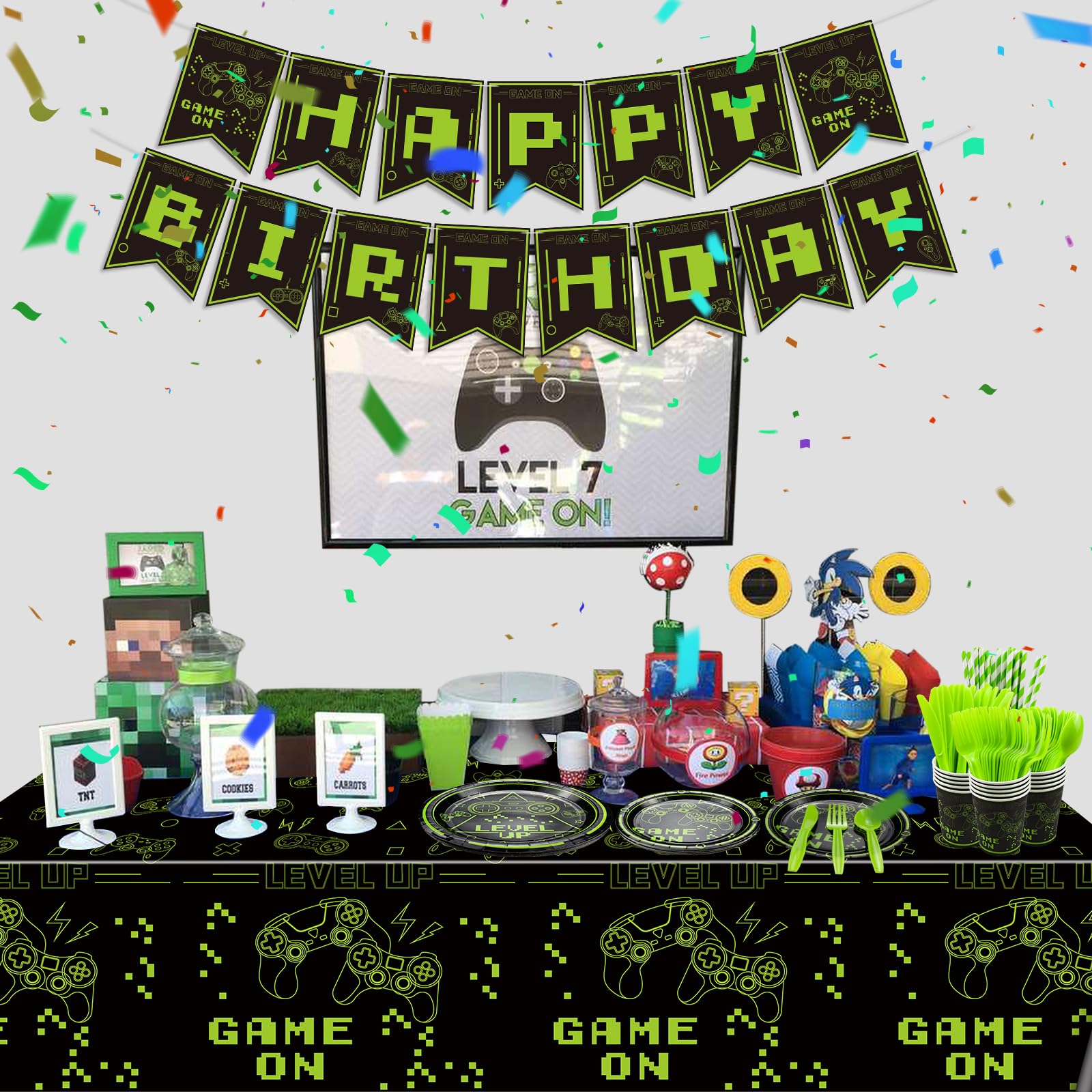162Pcs Green Video Game Party Decorations Set - Includes Game On Plates, Napkins, Cups & Birthday Banner - Perfect for Boys Gaming Birthday Party & Level Up Theme - Serves 20 Guests - Ideal for Gaming Themed Birthday Parties, Game Night Decorations & Esports Events
