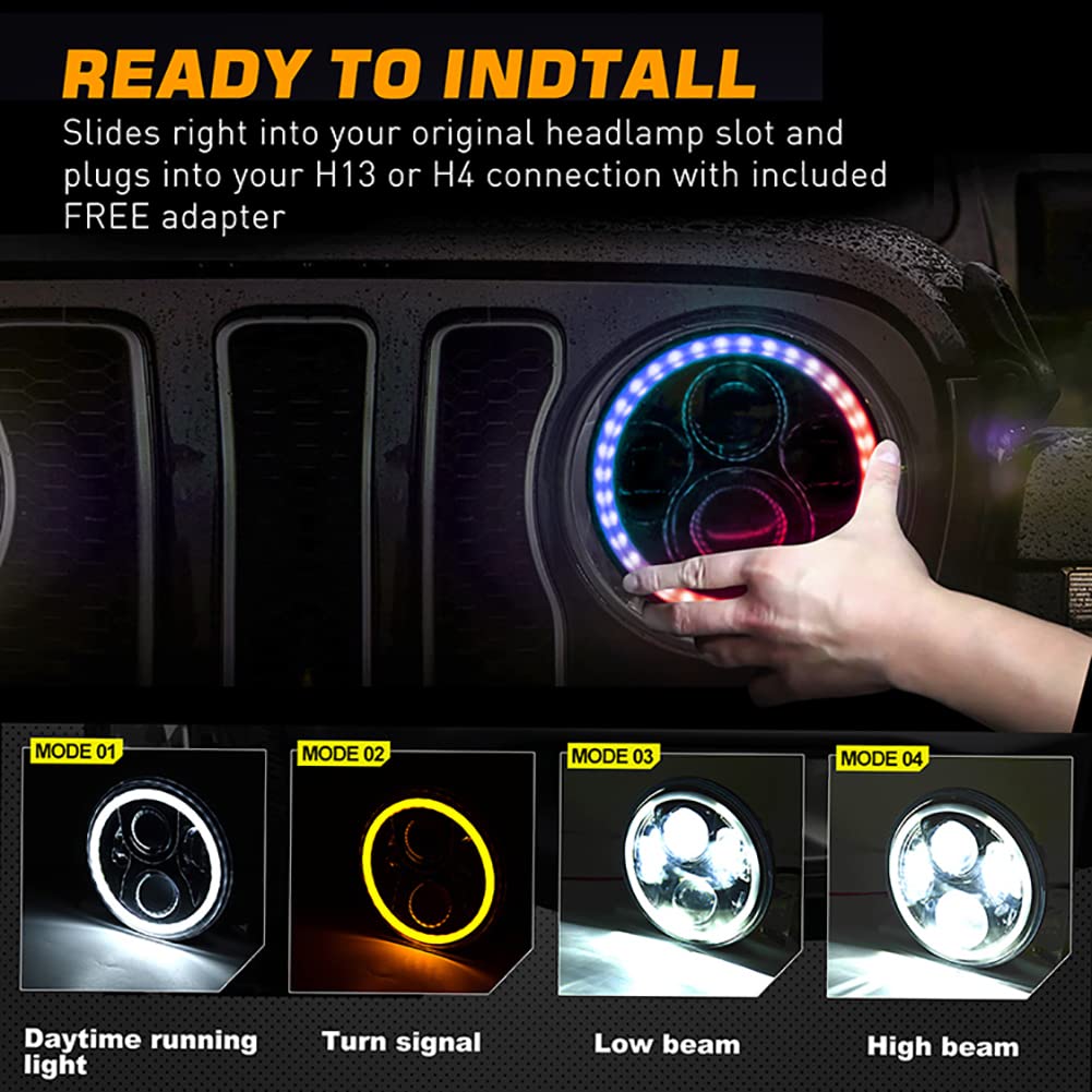 YEEGO DIRECT 7 Inch LED Headlight for Jeep Wrangler 1997-2018 JK TJ LJ - RGB Halo Ring, Amber DRL, Turn Signal, High/Low Beam - Upgrade for Off-Road, Night Driving & Adventure