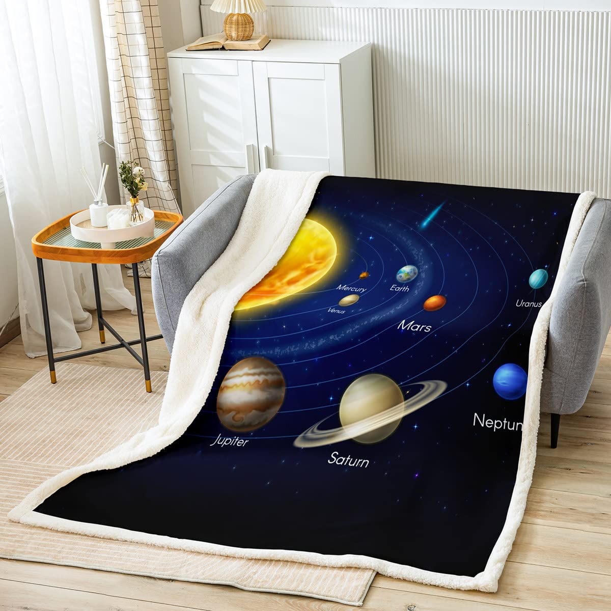 Galaxy Space Sherpa Fleece Throw Blanket - Solar System Educational Plush Blanket for Kids Boys Girls - Queen Size 90x90 Inches - Soft Fuzzy Blanket for Sofa, Bed, Couch - Perfect for Stargazing, Space Themed Bedrooms & Cozy Movie Nights