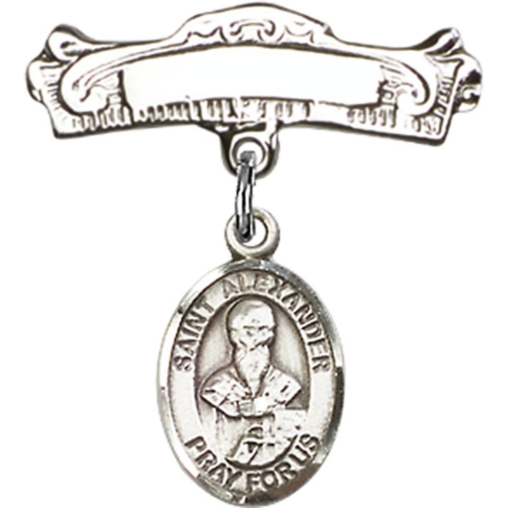 Sterling Silver Baby Badge with St. Alexander Sauli Charm - 7/8 X 7/8 Inch Arched Polished Pin - Perfect for Christening, Baptism & First Communion Gifts