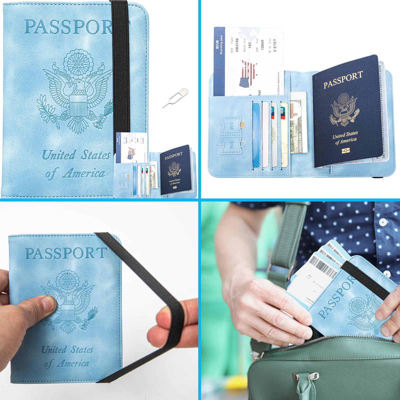 Premium RFID Blocking Passport Holder & Travel Wallet - Secure Leather Cover for Men & Women - Light Blue - Ideal for Airports, Business Trips & International Travel