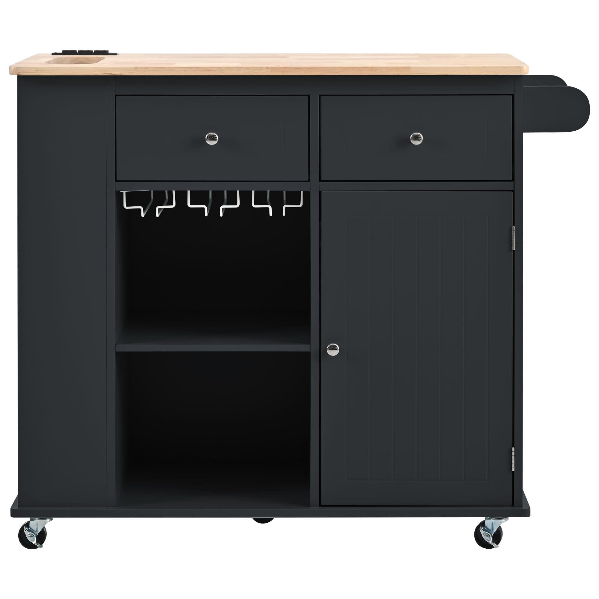 Black Kitchen Island Cart with Power Outlet, Drop Leaf & Rubber Wood - Open Storage, Wine Rack & 5 Casters - Adjustable Storage Organizer for Home Kitchen & Dining Room - Perfect for Small Spaces, Entertaining & Meal Prep