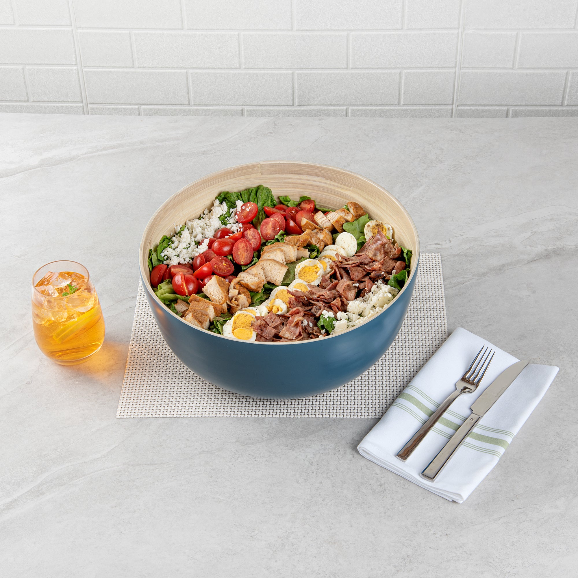 Bambuddha 51 oz Large Round Blue Bamboo Salad Bowl - 13.5