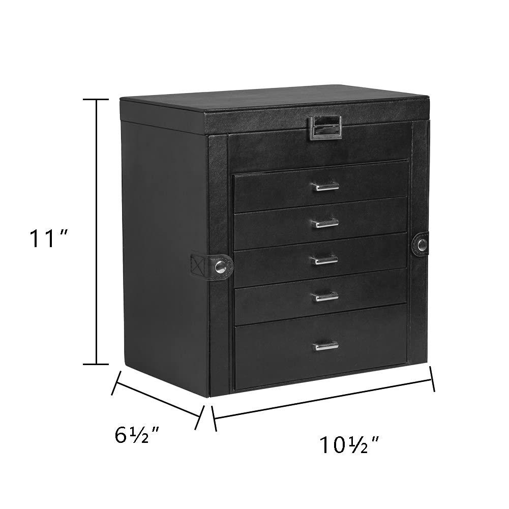 Frebeauty 6-Tier PU Leather Jewelry Organizer with Mirror & 5 Drawers - Perfect for Necklaces, Bracelets & Watches Storage