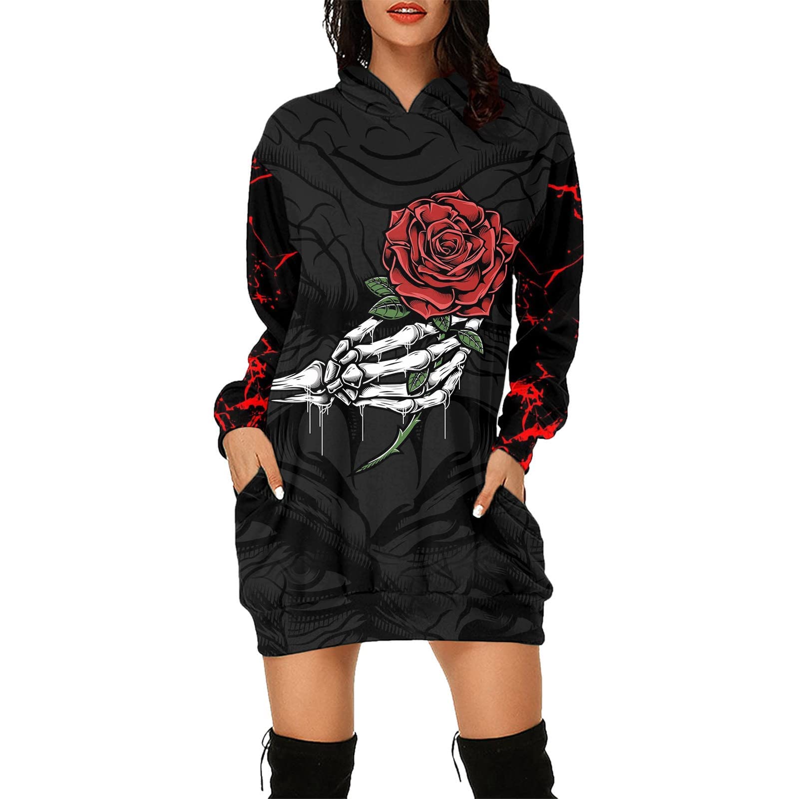 Women's Halloween Print Long Sleeve Hoodie - 2022 Sexy Black Loose Blouse with Pocket for Spring & Autumn | Casual Outfit, Costume Party, Cosplay