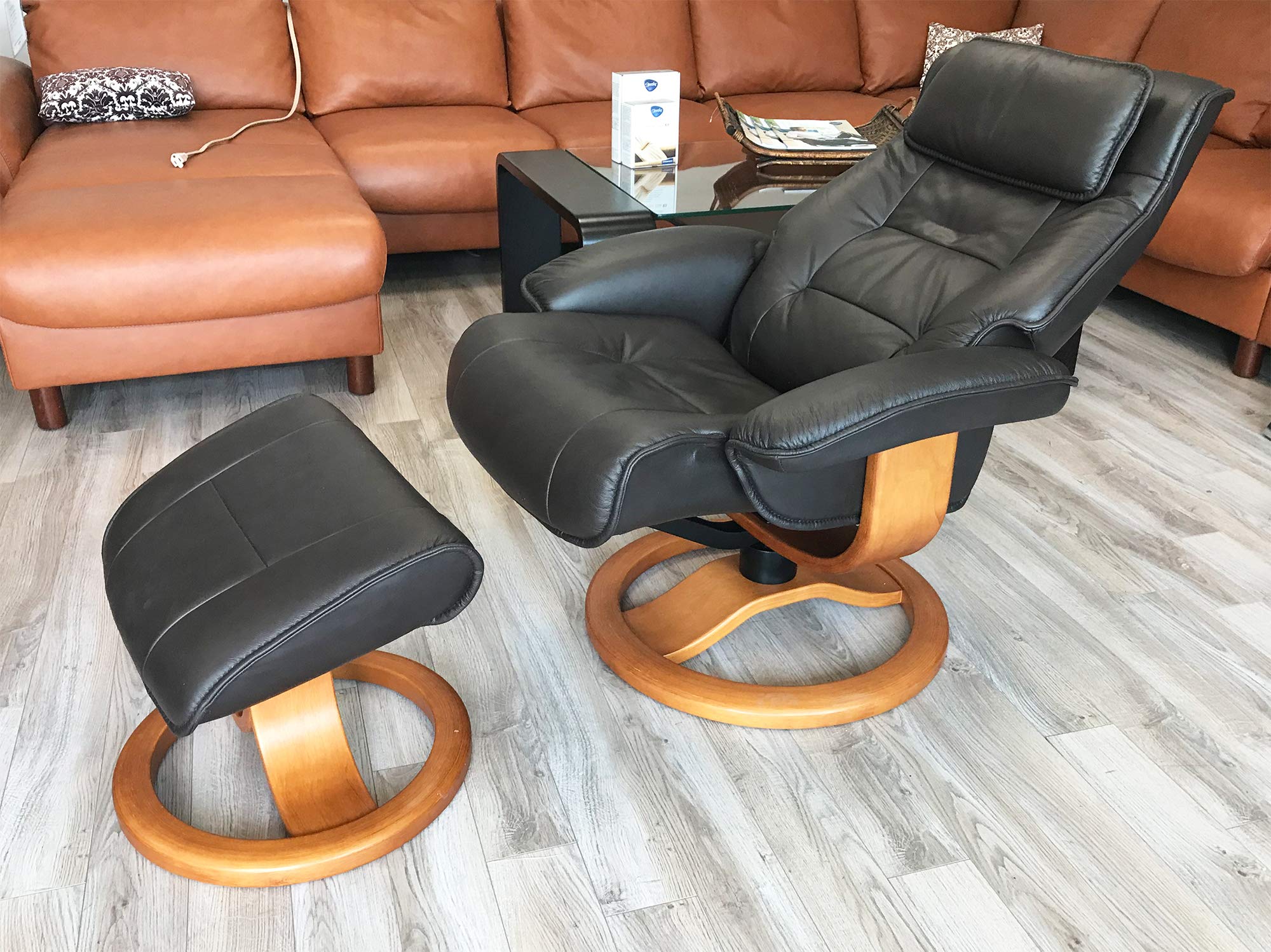 Premium Large Ergonomic Recliner Chair with Ottoman - Stone NL 130 Nordic Line Genuine Leather, Walnut Wood Base - Perfect for Living Room, Home Theater & Office Relaxation