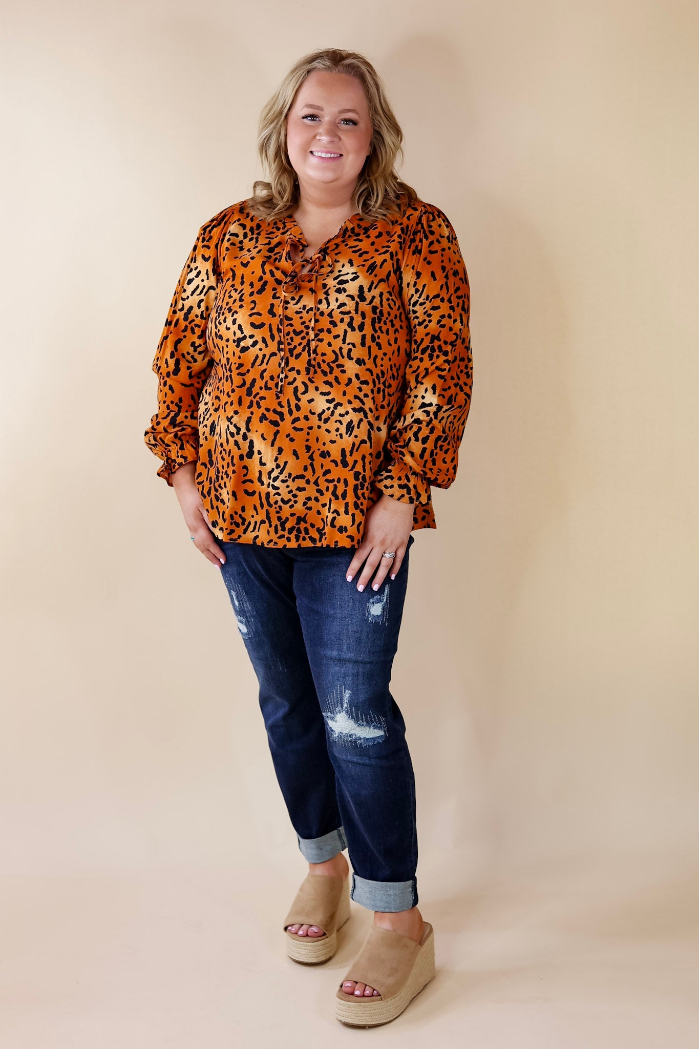 Boss Lady Leopard Print Blouse in Rust Orange - Stylish Women's Workwear Top for Office, Night Out & Casual Chic Outfits