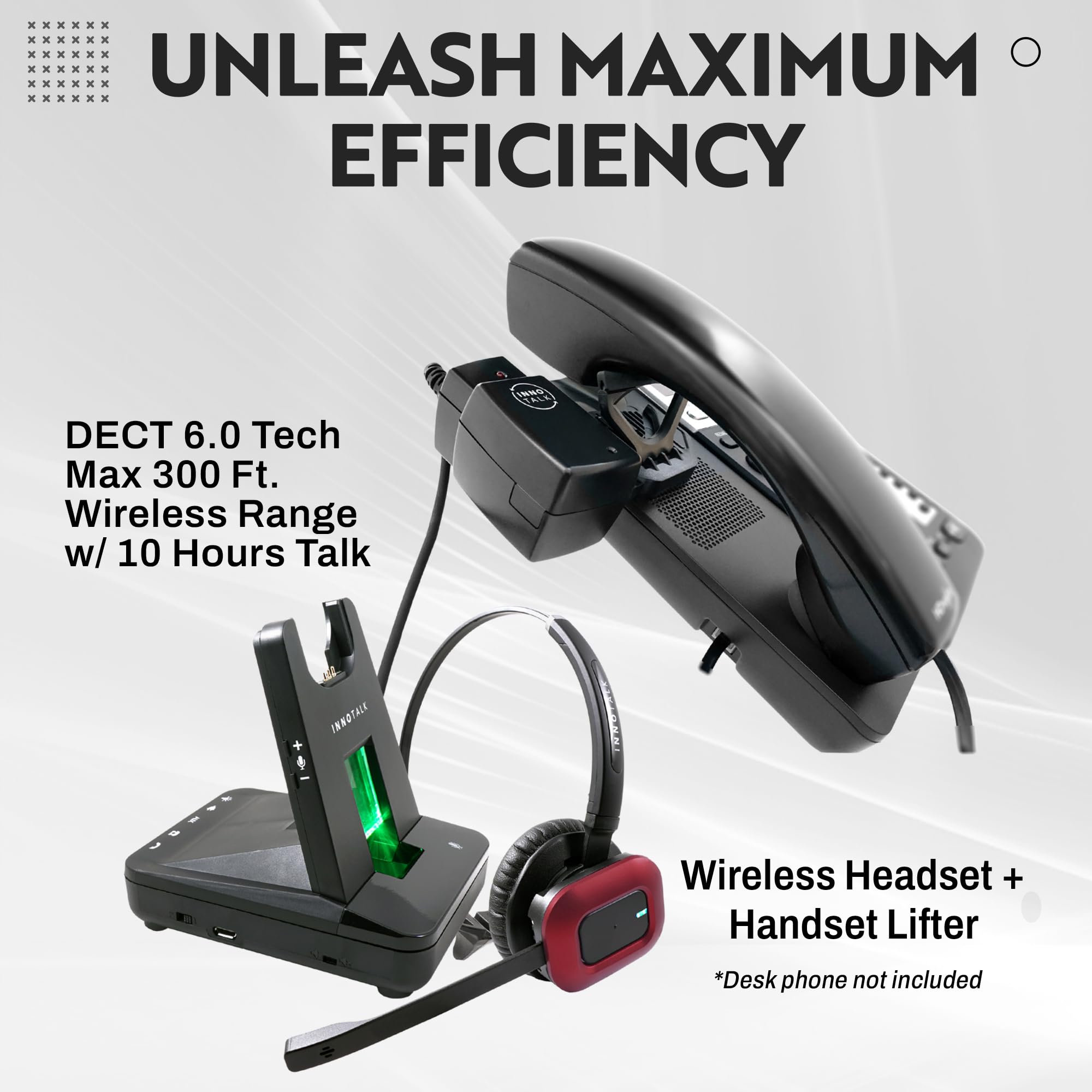 INNOTALK Wireless Headset for Office Desk Phone - Remote Hook Switch, 300ft Range, 10-Hour Battery Life (Explorer Model) - Perfect for Call Centers, Remote Work & Business Communications