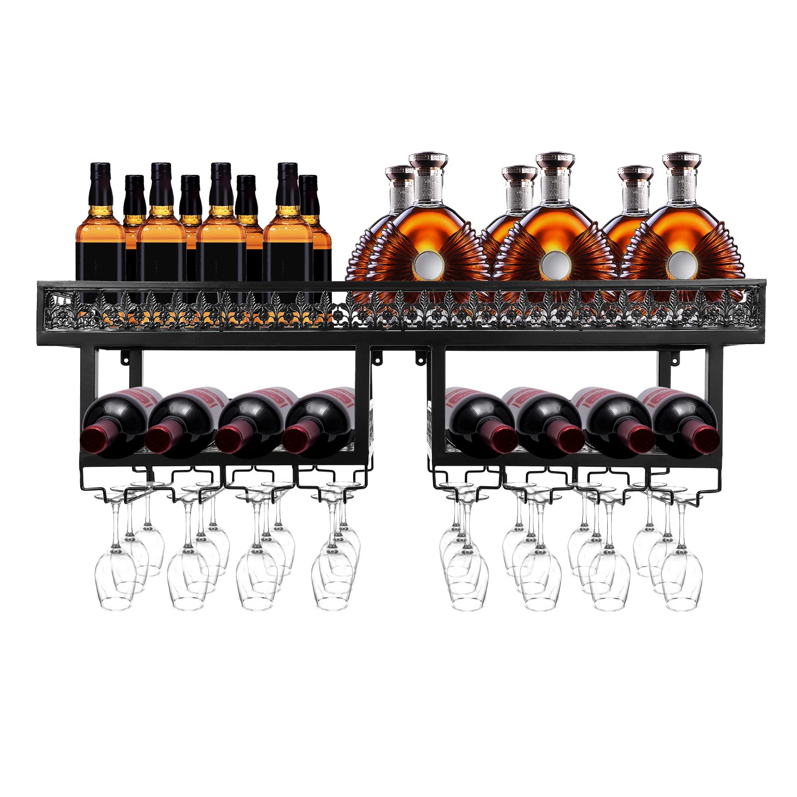 Industrial Wall Mounted Wine Rack Cabinet - Hanging Bar Display Shelf for 16-24 Wine Glasses & Liquor Bottles, Upside Down Wall Mount Wine Glass Holder - Perfect for Home Bars, Restaurants, and Kitchen Decor