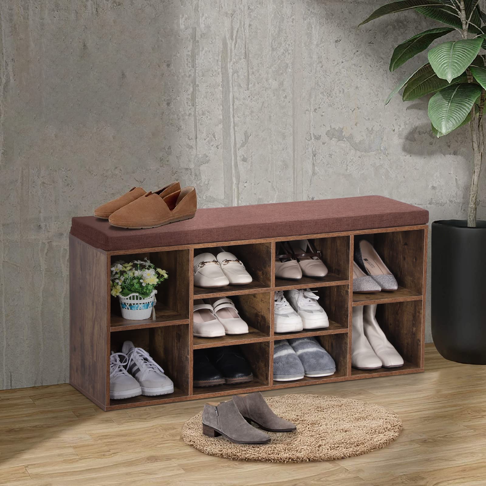 Sophia & William Rustic Brown Shoe Bench with Cushion - 8 Compartment Entryway Storage Bench, Freestanding Shoe Cabinet with Adjustable Shelves (400 lbs Capacity) - Perfect for Mudroom, Hallway & Home Organization