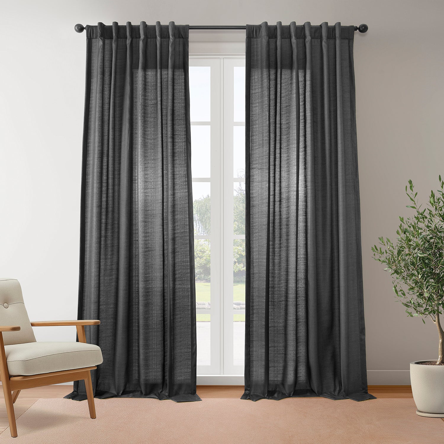 Black Rustic Linen Weave Light Filtering Curtains - Set of 2 Panels for Living Room, Bedroom & Home Decor - Soft Natural Light & Privacy Window Treatment