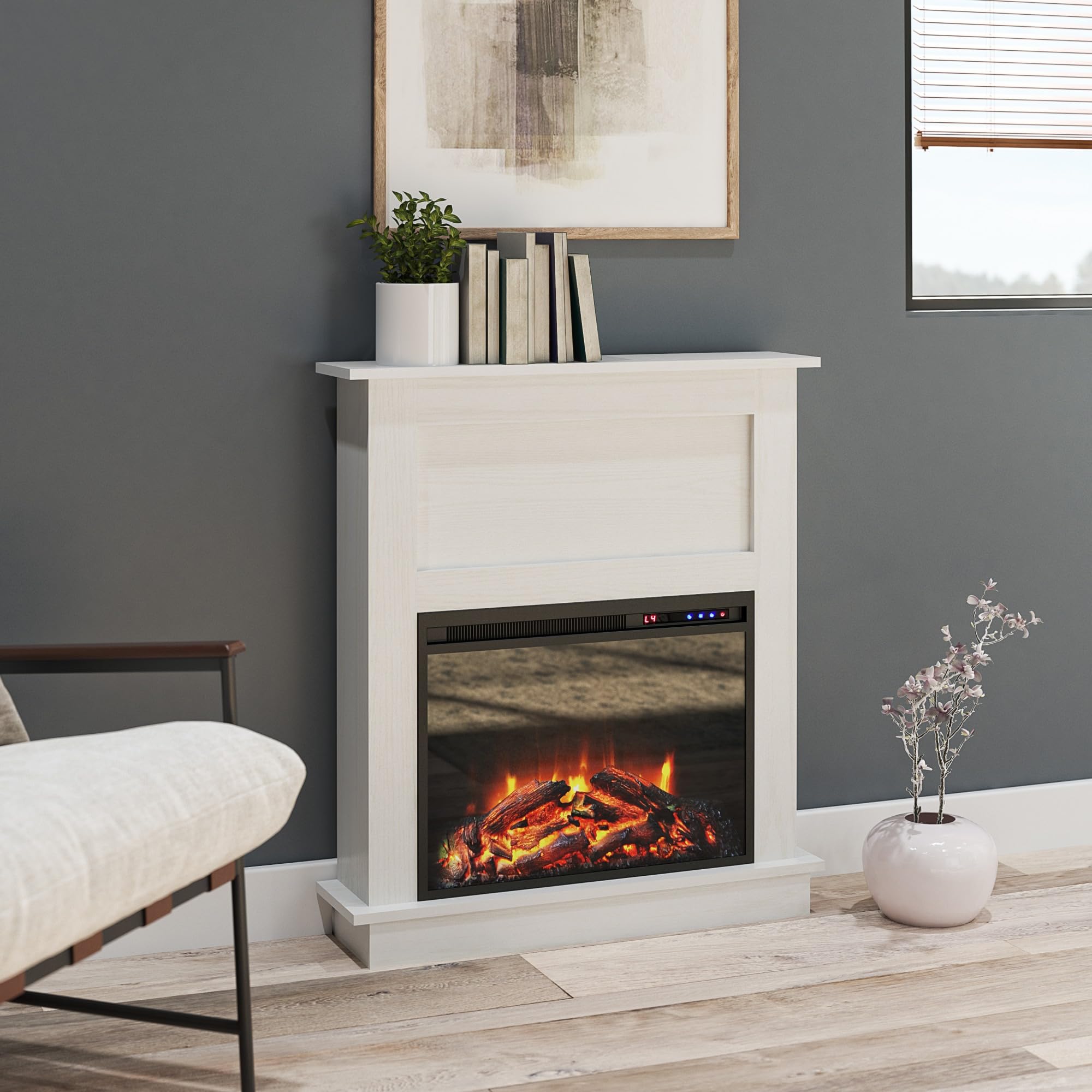 Ameriwood Home Ellsworth White Electric Fireplace with Mantel - 400 sq. ft. Heating, Remote Control, Neutral Finish for Living Room, Bedroom & Office | Cozy Home Decor & Space Heater for Winter
