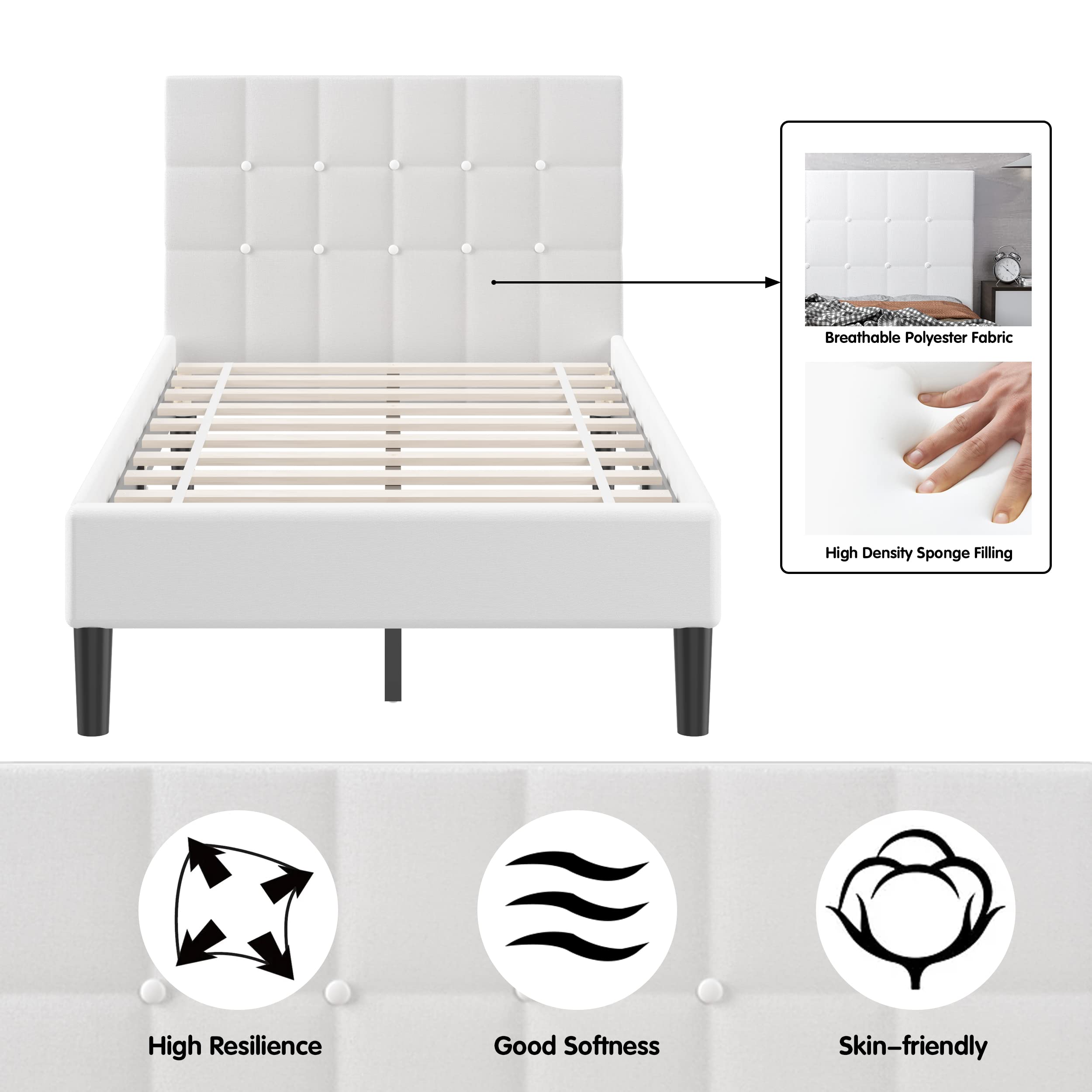 Giantex Twin Upholstered Platform Bed Frame with Button Tufted Headboard - Wood Slat Support Mattress Foundation & Sponge Stuffed Backrest - Beige Bed Base for Small Bedrooms, Guest Rooms & Dormitories