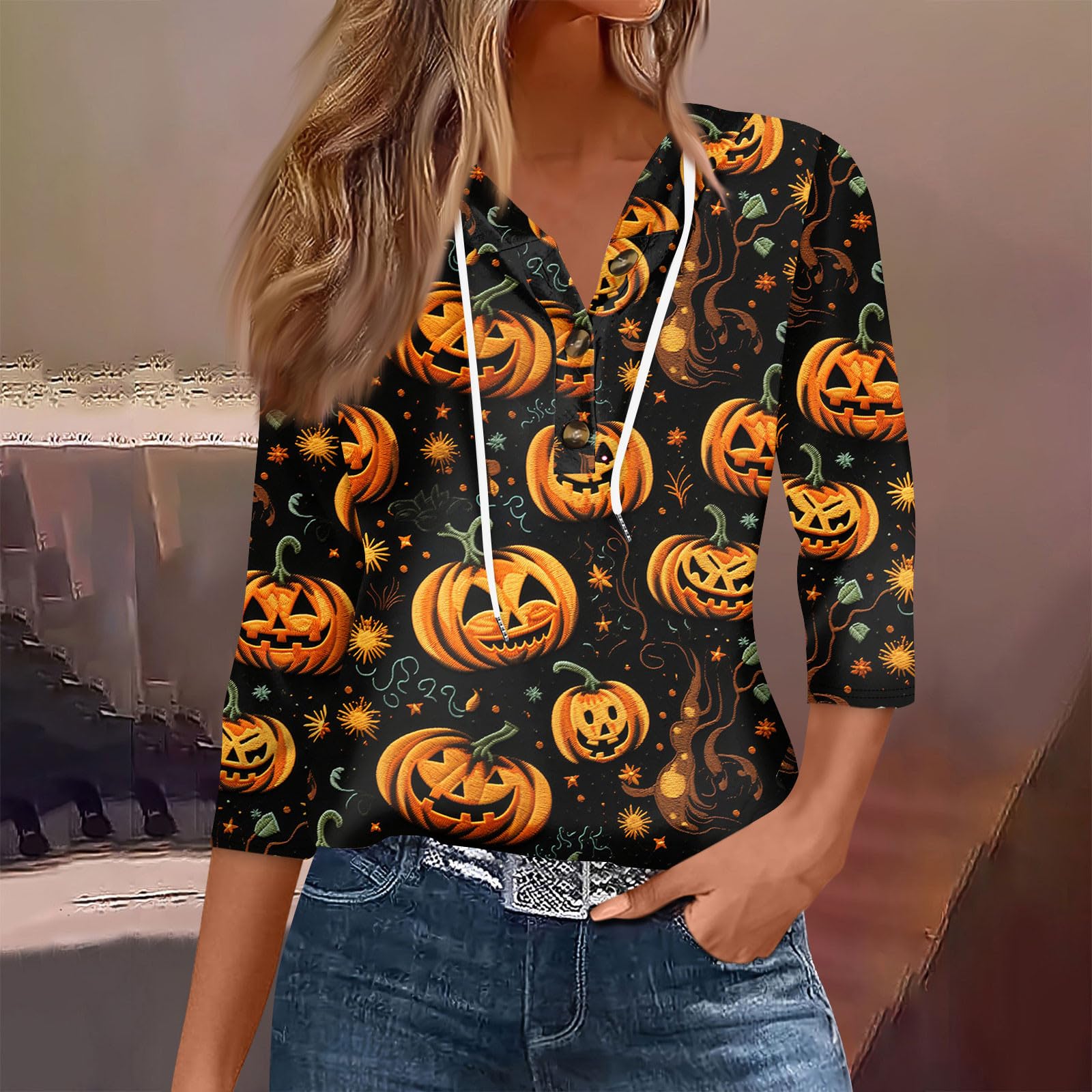 2024 Halloween Costumes for Women - Fall Graphic Hoodies with 3/4 Sleeves & Henley Buttons | Cute Halloween Outfits & Party Costume Ideas