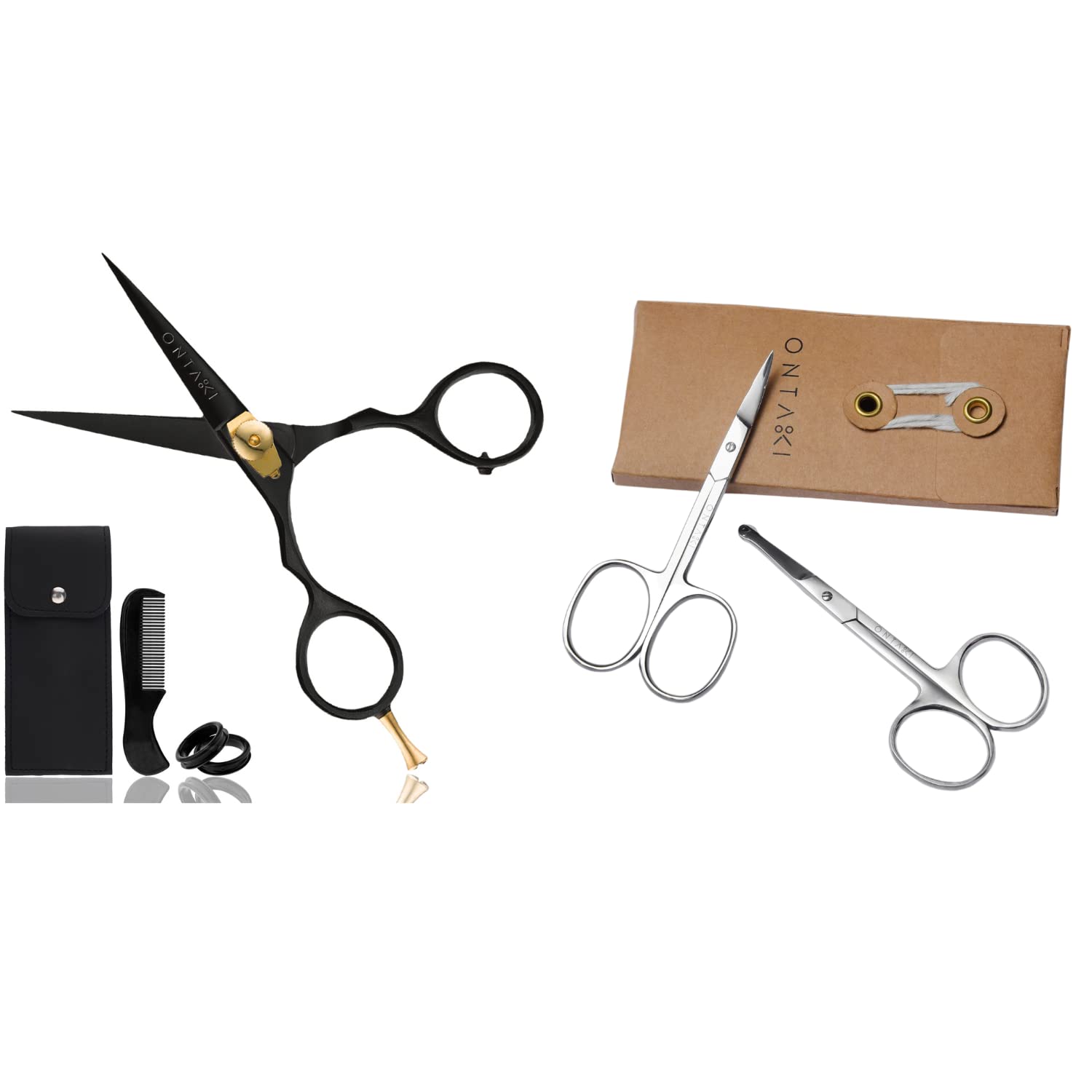 ONTAKI 3-Piece Grooming Scissors Set - Japanese Steel Beard & Mustache Scissors with Comb + 2 Facial Nose Hair Trimmers (Curved & Safety Tips) - Professional Men's Grooming Kit for Beard, Mustache & Nose Hair Care at Home or Travel