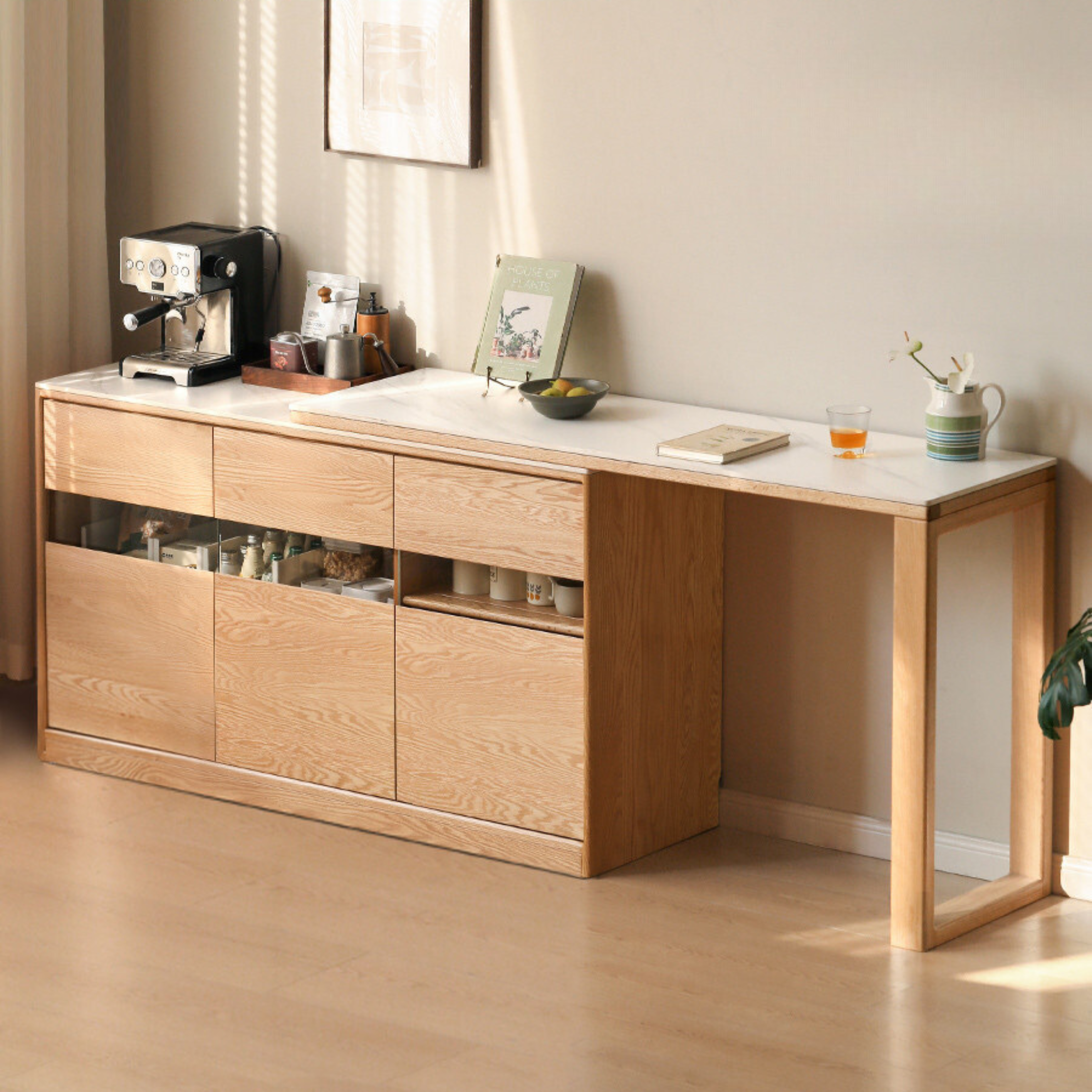 Solid Oak Wood Sideboard with Folding Slate Dining Table - Rustic Farmhouse Buffet Cabinet for Dining Room, Kitchen, or Entryway Storage