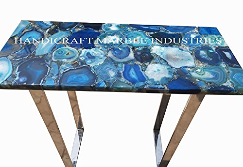 36 x 12 Inch Blue Agate Table Top - Natural Stone Dining Table & Console Table with Metal Stand - Perfect for Living Room, Entryway, or Luxury Home Decor