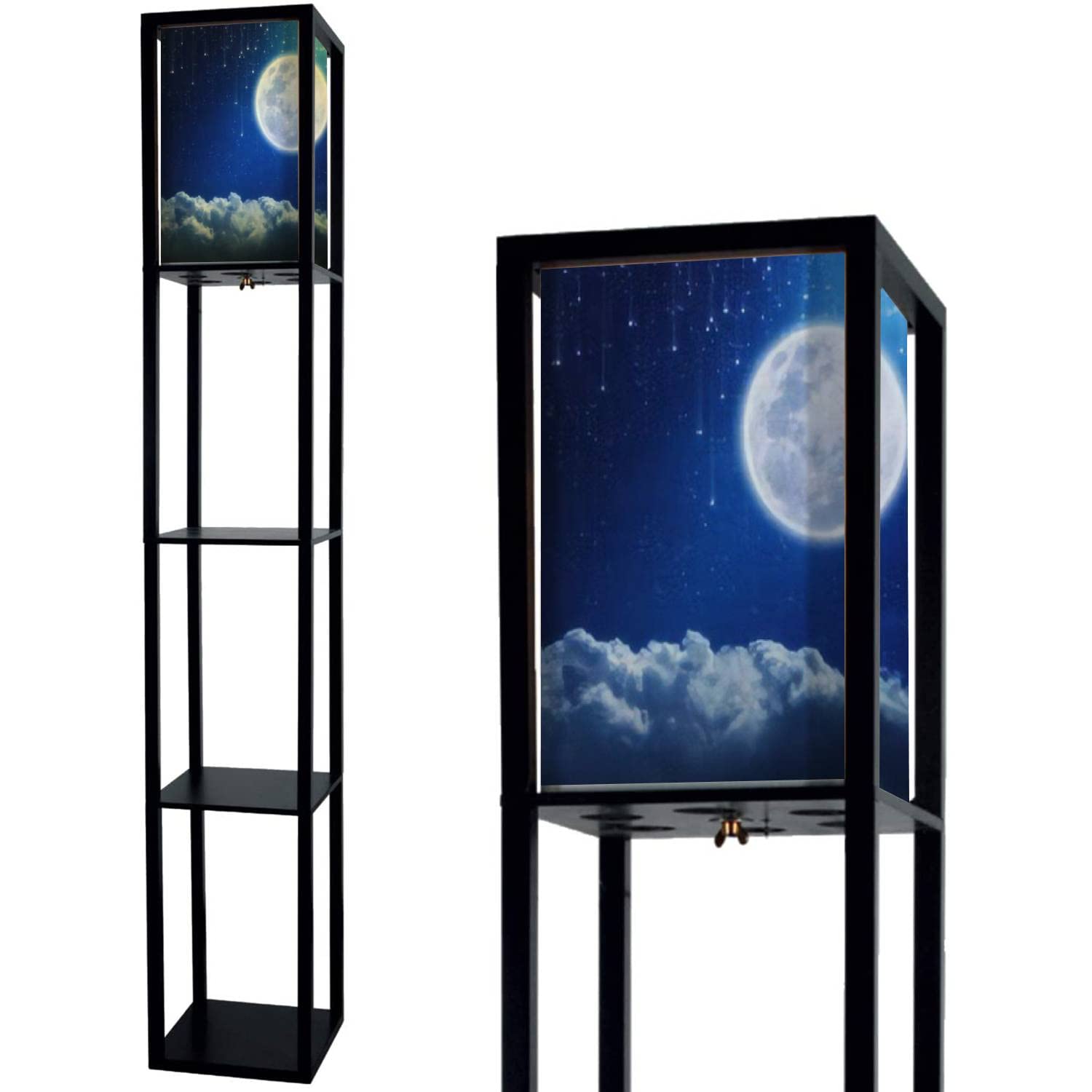 Full Moon Night Sky Floor Lamp with Falling Stars & Mysterious Light - Adjustable Standing Lamp with Flaxen Fabric Shade & Shelves - Tall Corner Lamp for Bedroom, Living Room Decor - Perfect for Reading Nook, Cozy Nights & Boho Home Aesthetics