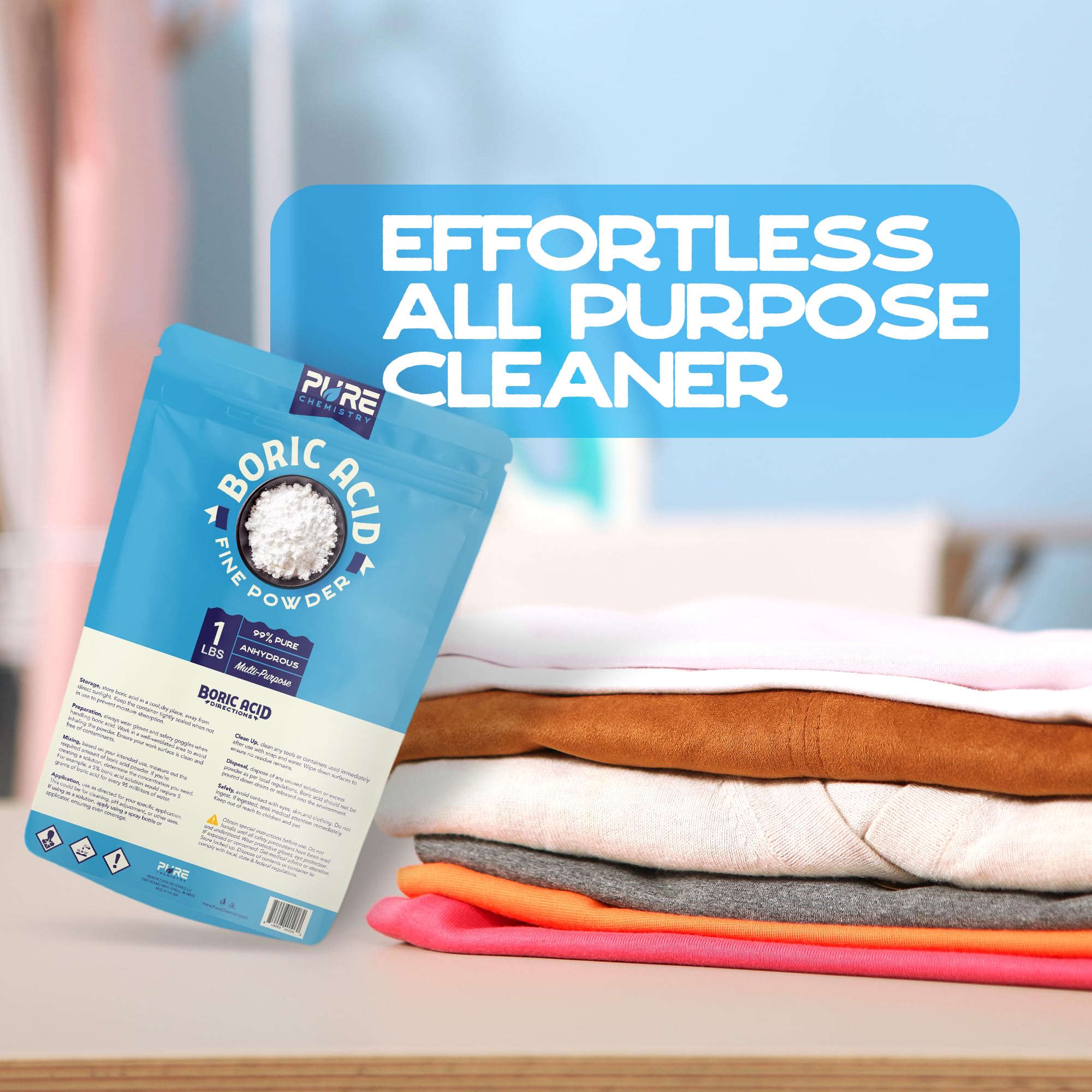 Boric Acid Fine Powder 1lb - 99.9% Pure Industrial Grade - Multipurpose Cleaner for Kitchen, Laundry & Odor Removal - Effective Stain Remover & Deodorizer - Perfect for Home Cleaning, Pest Control & DIY Solutions