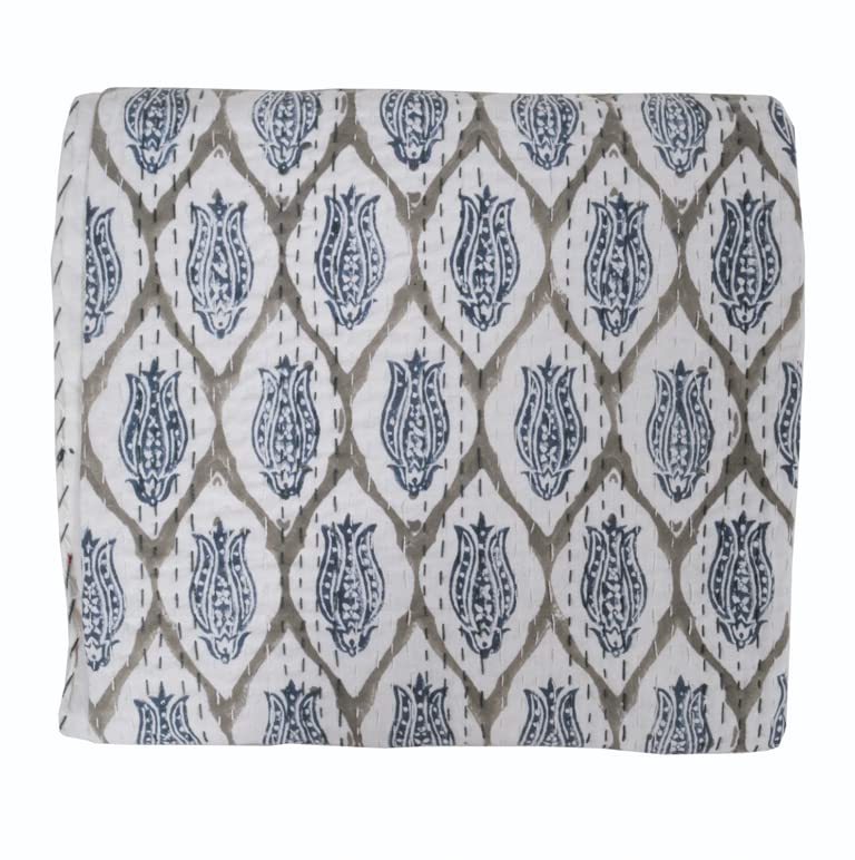 YUVANCRAFTS Indian Hand Block Print Kantha Quilt - 100% Cotton Kantha Throw Blanket & Bedspread - Queen/King Size (108x108 Inch) Multi Floral Design - Perfect for Bedroom Decor, Sofa Cover, or Boho Chic Home Accent