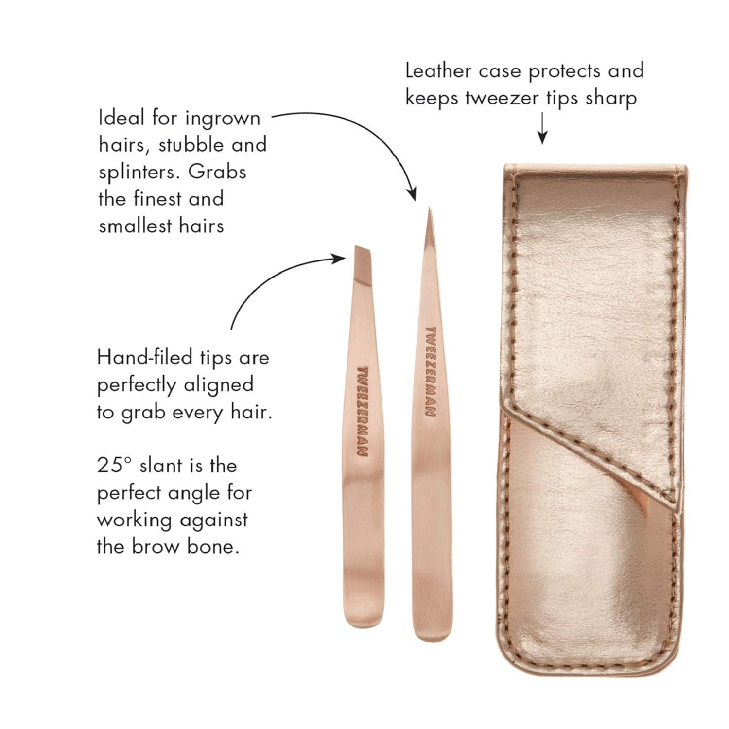 Tweezerman Rose Gold Petite Point & Slant Tweezer Set with Travel Case - Precision Grooming for Eyebrows, Splinters & Ingrown Hairs - Perfect for Travel, Home & Salon Use
