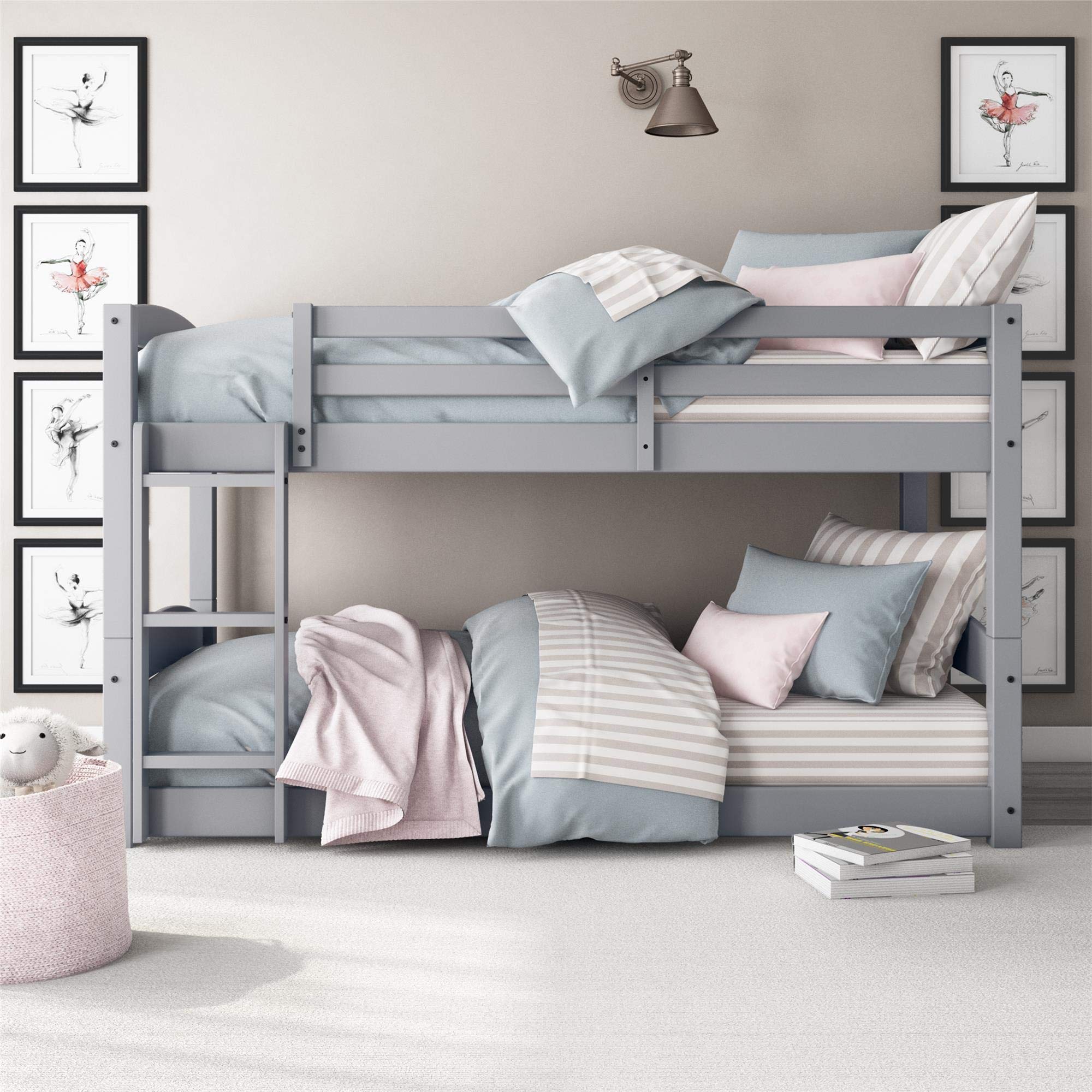 DHP Phoenix Convertible Low Wood Floor Bunk Bed for Kids - Twin Over Twin Stackable & Detachable Solid Wood Bed Frame with Ladder & High Guardrail - No Box Spring Needed - Gray - Perfect for Small Bedrooms, Guest Rooms & Kids' Shared Spaces