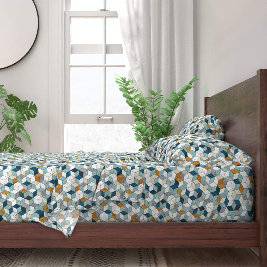 Hexagon Print 100% Cotton King Size 4-Piece Sheet Set - Navy Blue, Mint, Mustard Geometric Design for Nursery, Baby Boy Room & Modern Bedroom Decor | Soft Breathable Bedding for Comfortable Sleep