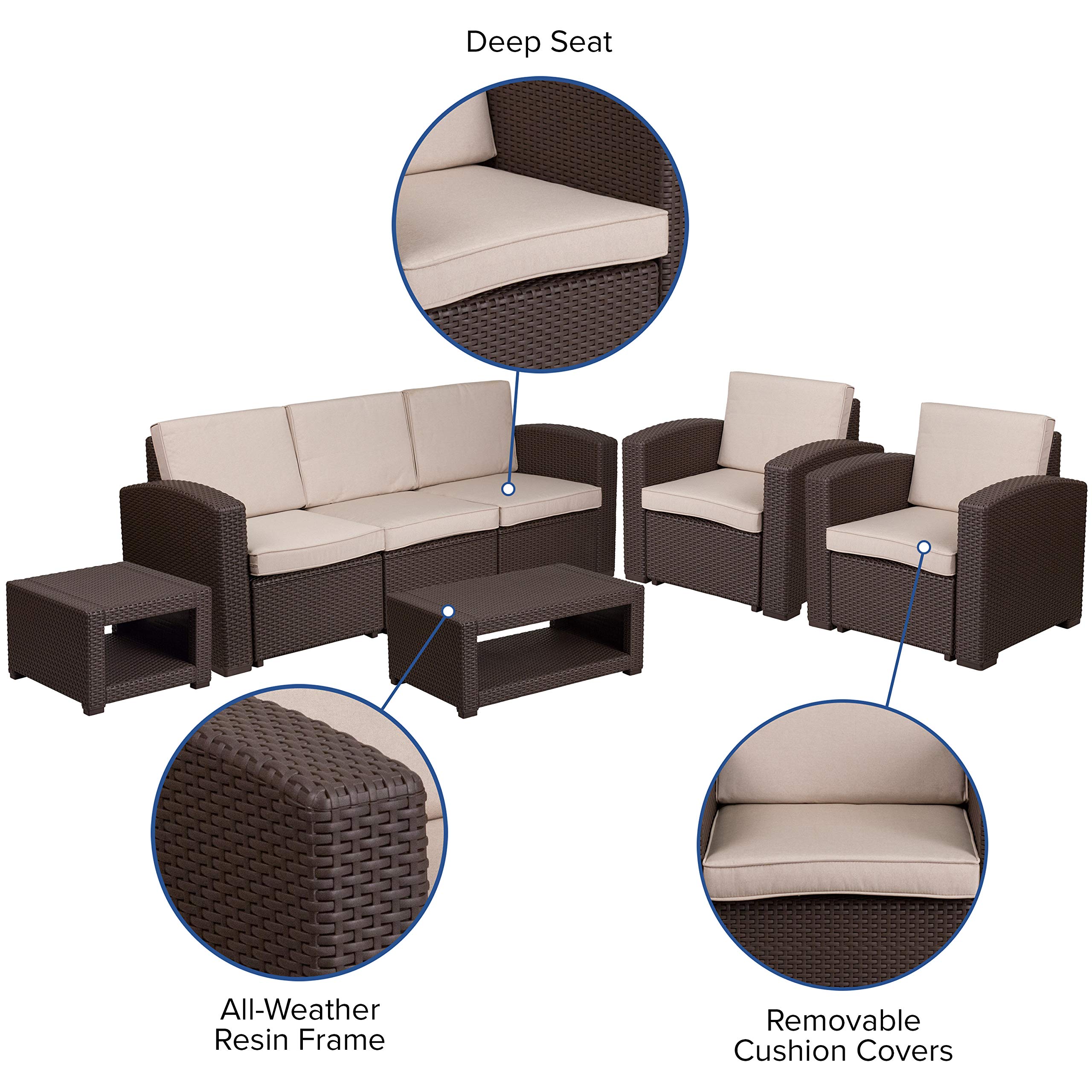 Merrick Lane Errol 5-Piece Outdoor Patio Furniture Set - Brown Wicker-Look Resin - 2 Chairs & Sofa with Cushions + Coffee Table & Side Table - Weatherproof for Garden, Poolside & Backyard Relaxation