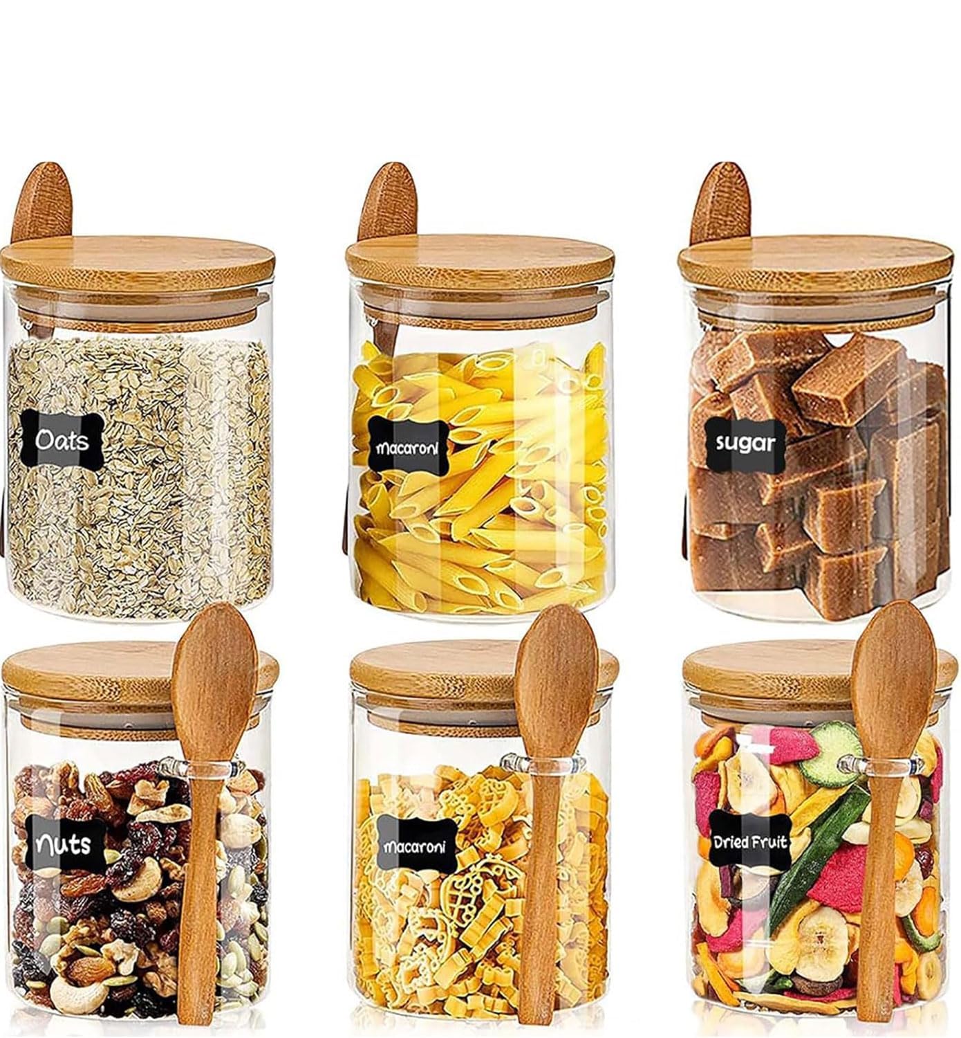 6 Pack 18.2 oz Airtight Overnight Oats Containers with Bamboo Lids & Spoon - Borosilicate Glass Food Storage Jars for Kitchen, Coffee Beans, Spices, Candy, Cookies, Salad, Flour - Perfect for Meal Prep, Pantry Organization & Healthy Breakfast On-The-Go