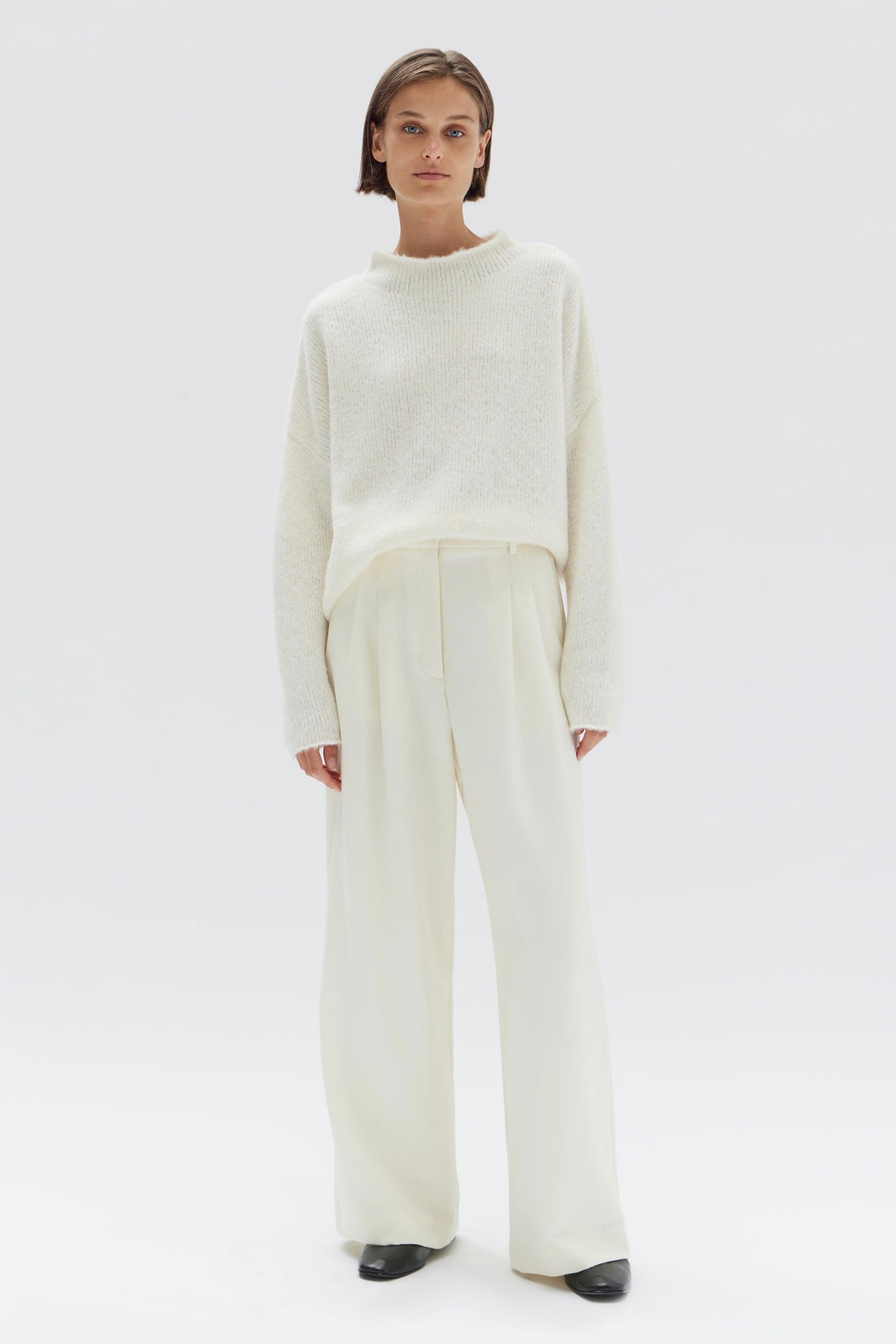Apolline Cream Rolled Mock Neck Alpaca Wool Blend Knit Sweater for Women | Soft Winter Pullover for Casual & Office Wear