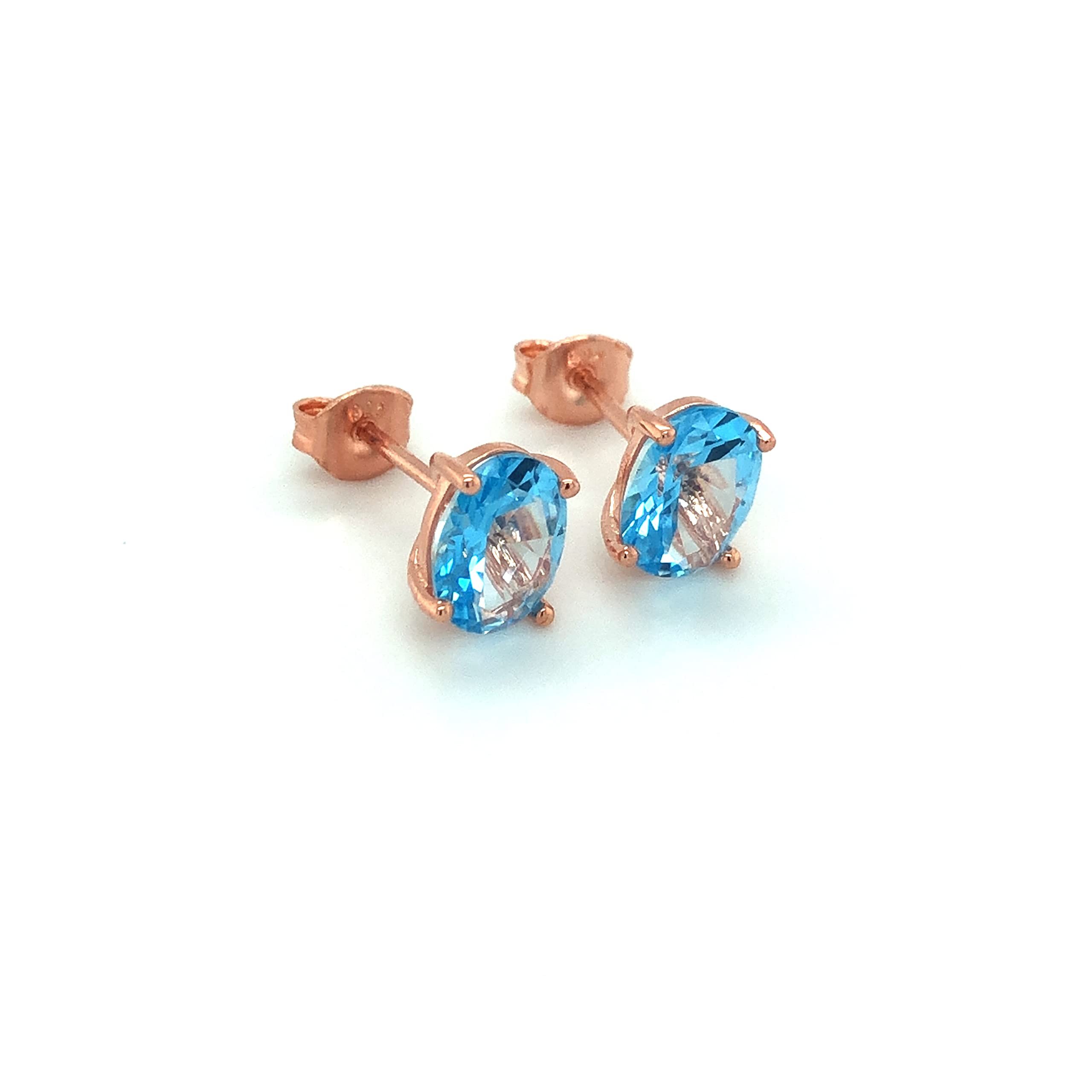 LE VIAN Blue Topaz Oval Stud Earrings for Women - 925 Sterling Silver with 14k Rose Gold Plating - 4-Prong Secure Setting with Push Backs - Perfect for Everyday Wear, Gift Giving & Special Occasions