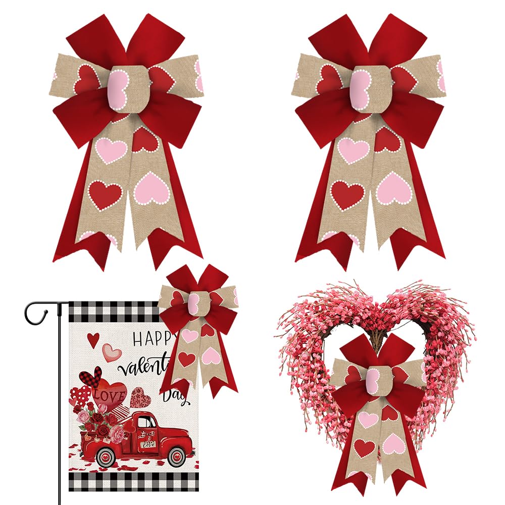 ALIBBON 2-Pack Valentine's Day Wreath Bows - Red and Pink Heart-Shaped Decorative Bows for Front Door, Holiday Crafts, Indoor & Outdoor Decor - Perfect for Valentine's Wreaths, Gift Wrapping, and Seasonal Home Decoration